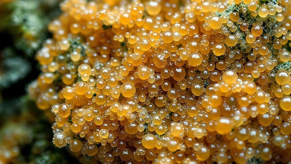 Magnified cannabis trichomes showing crystalline resin structure