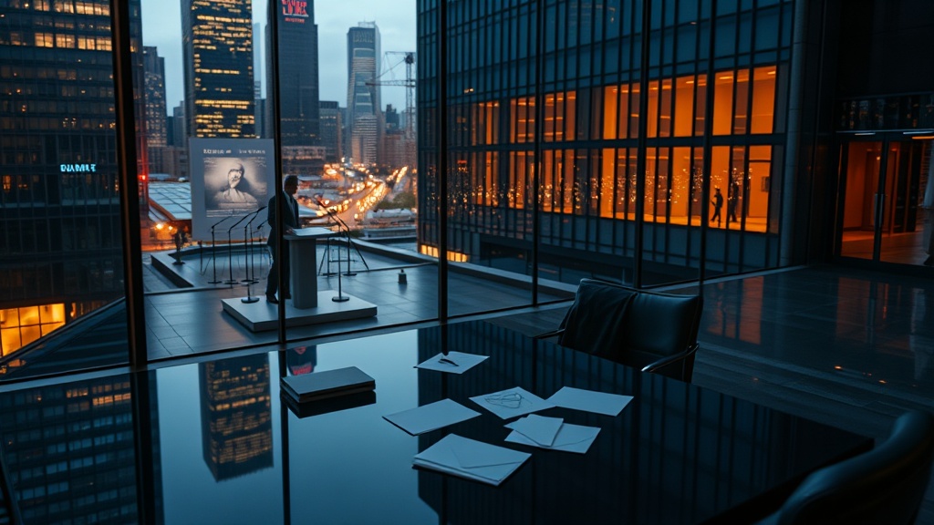 Cinematic urban scene implying departure and scrutiny