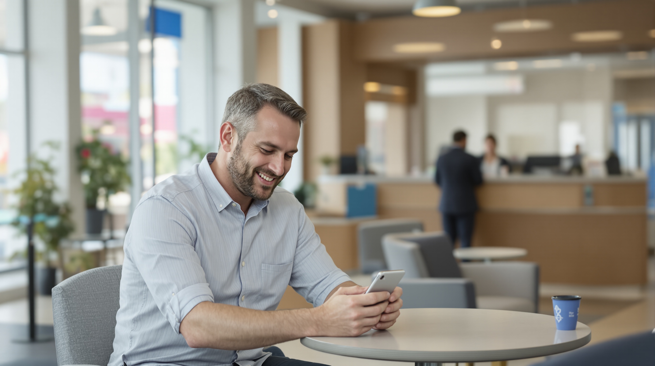 A customer in their mid-30s interacts with a smartphone at a regional bank branch, while a teller assists another customer in the background. The setting is bright and professional with soft, natural lighting.