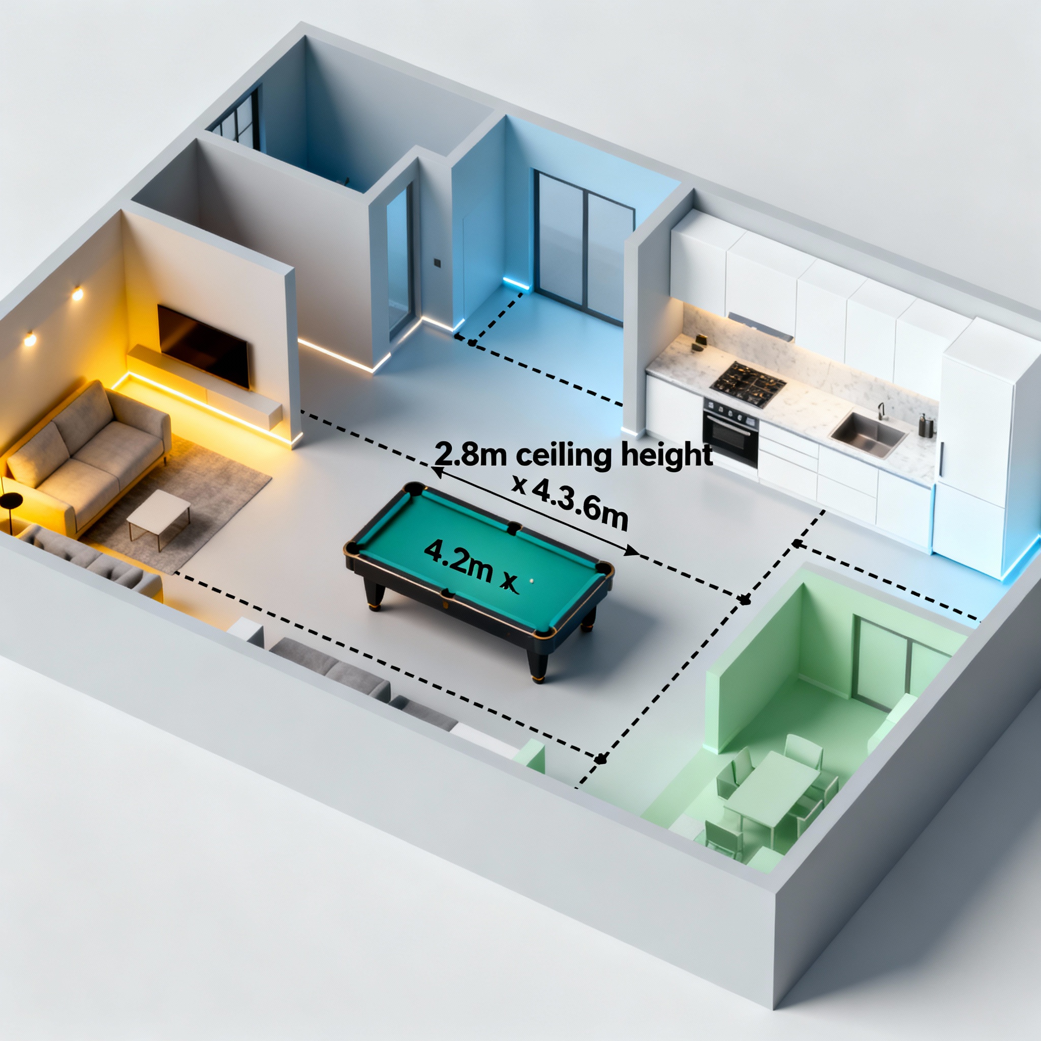 Isometric modern diagram style render showing a penthouse floor plan with pool table placement, lighting zones, and circul...