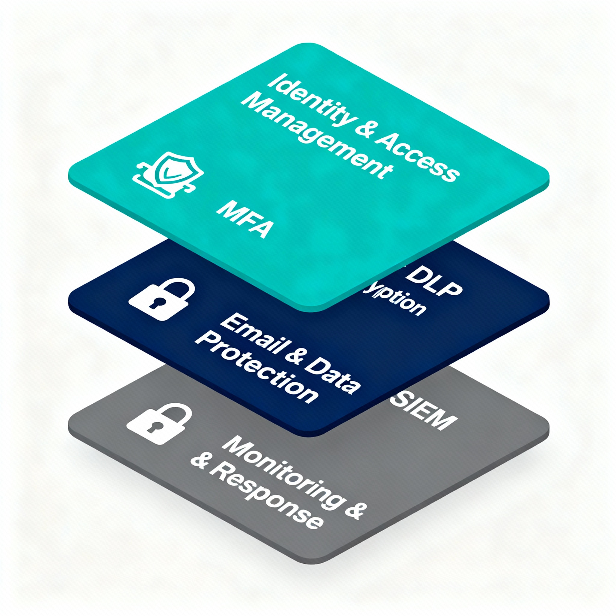 An isometric infographic style diagram showing three layers: Identity & Access Management, Email & Data Protection, and Mo...
