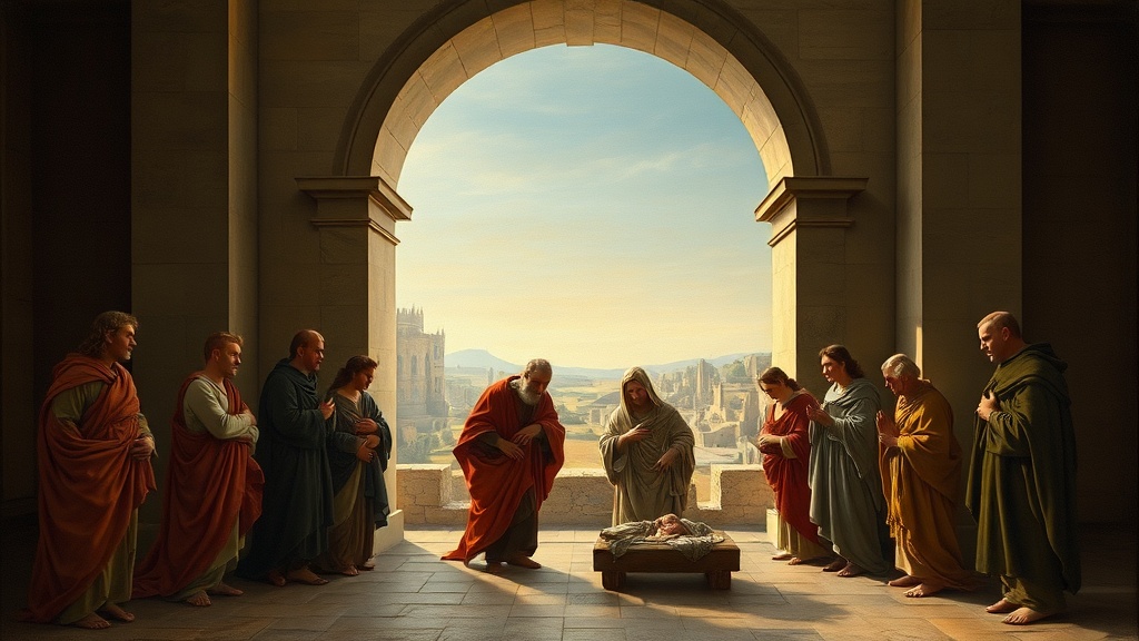 고전적 아치 아래로 여행자들이 서 있는 성찰적 장면