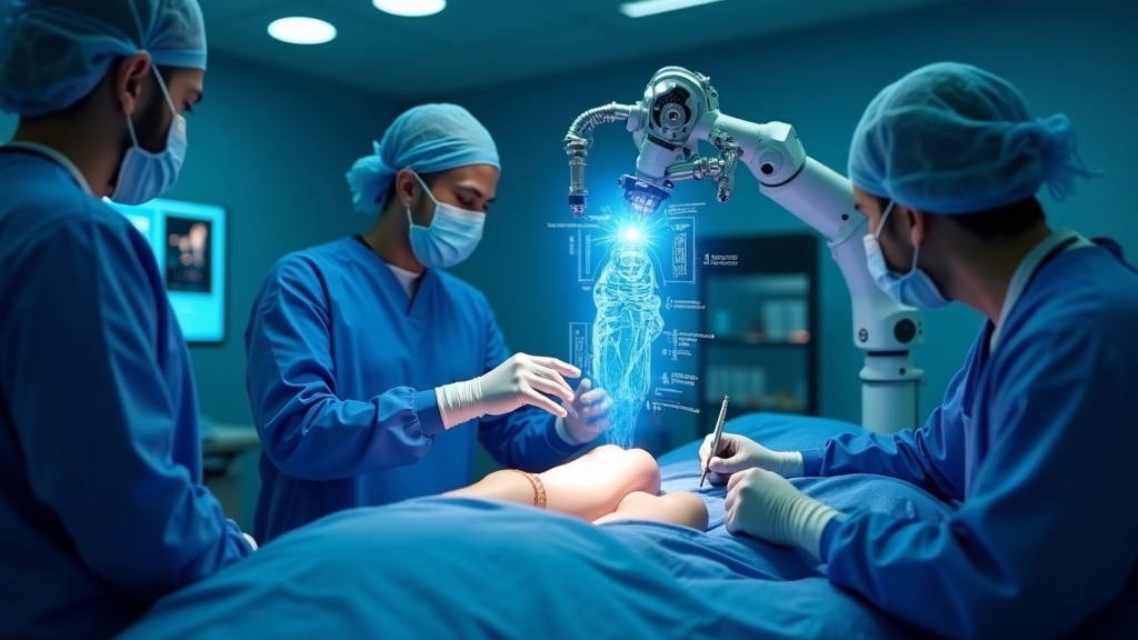 El sistema robótico ROSA Knee en un entorno quirúrgico, mostrando su brazo articulado y la estación de trabajo digital.