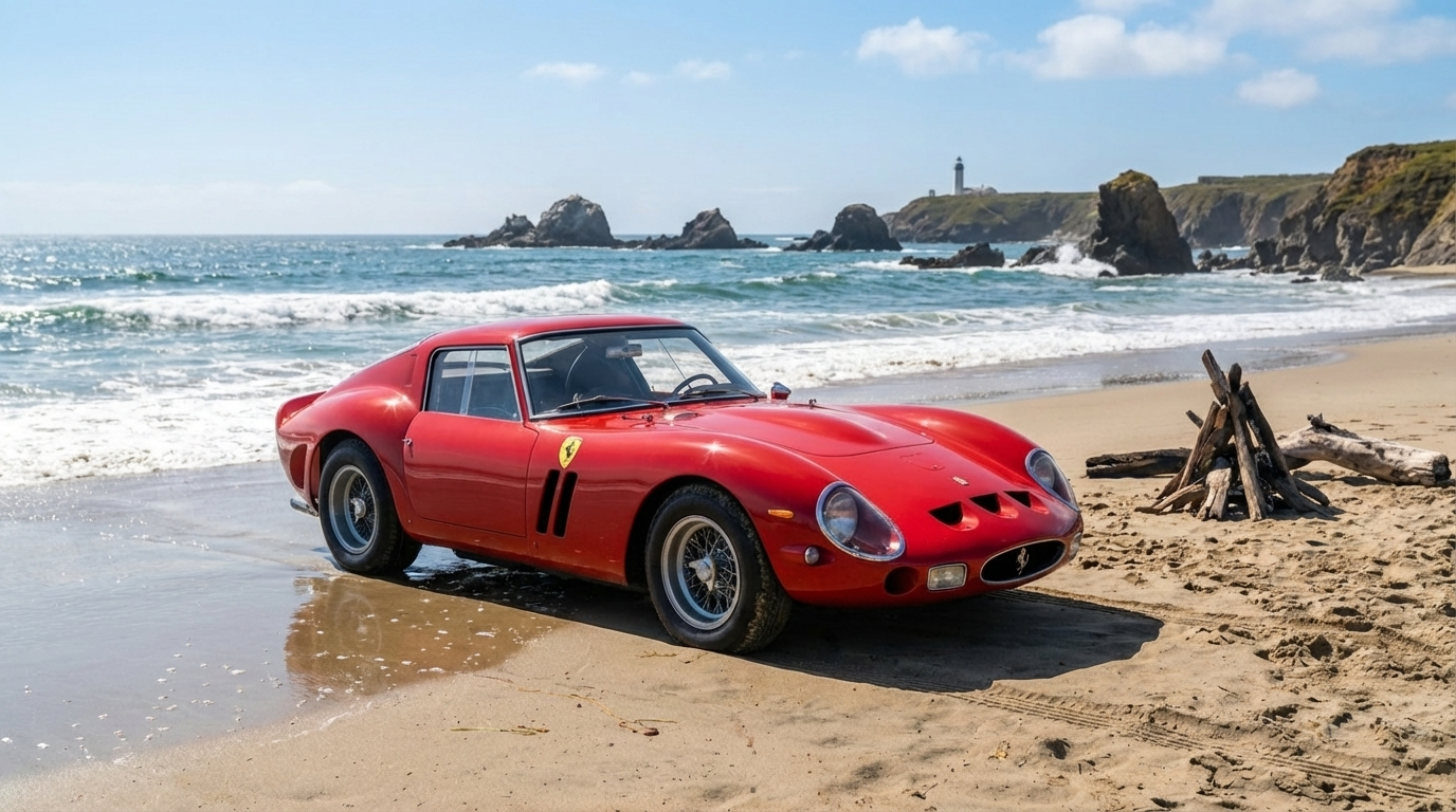 Original AI-generated image of a red sports car on a beach (Nano Banana 2)