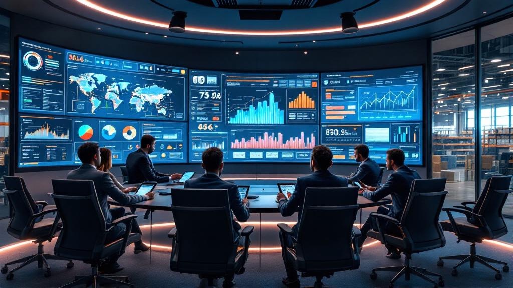 Supply chain control tower with team analyzing data dashboards
