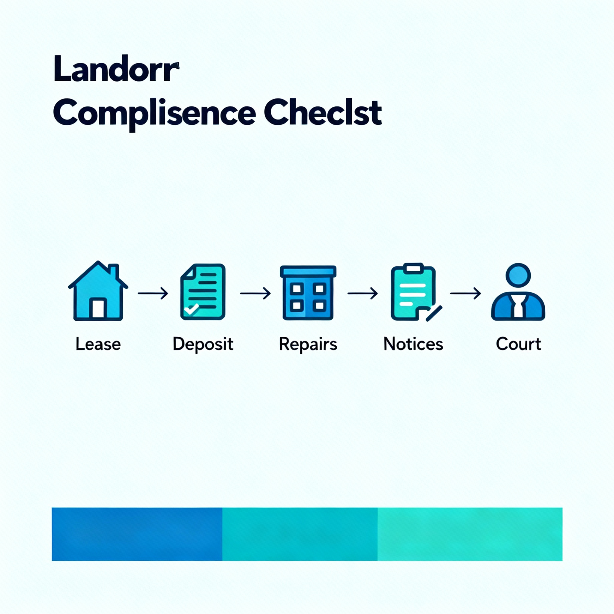 Clean infographic style image showing a landlord compliance checklist in a minimalist design, labeled steps: Lease, Deposi...