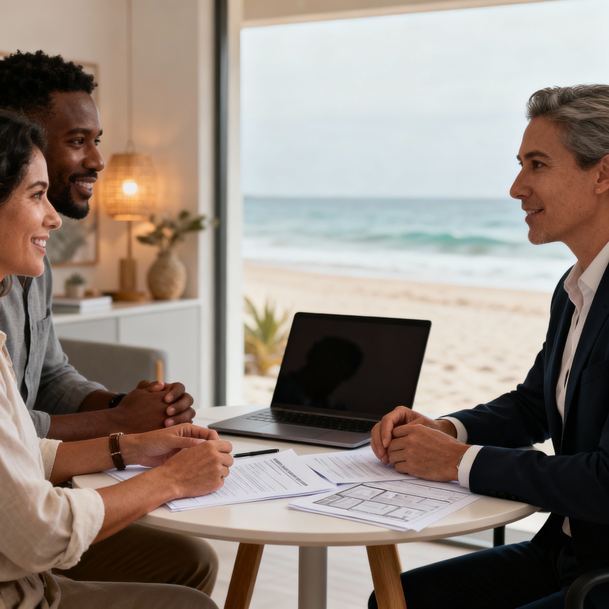 Photorealistic scene of a diverse couple meeting with a local Realtor at a small table, documents and a laptop on the tabl...
