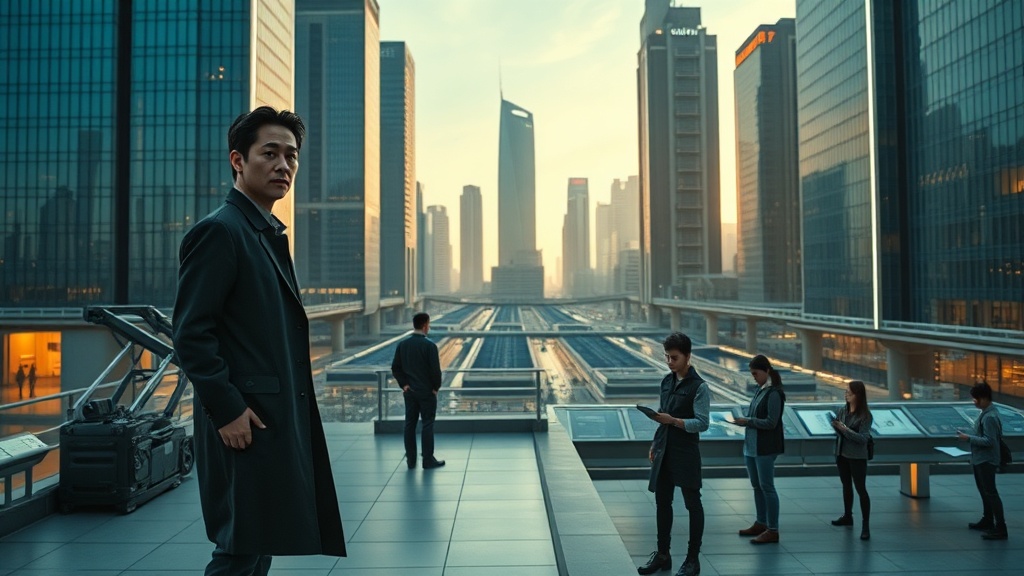 현대 도시 풍경을 배경으로 한 인물과 협업 장면을 담은 영화 같은 사진 스타일 이미지