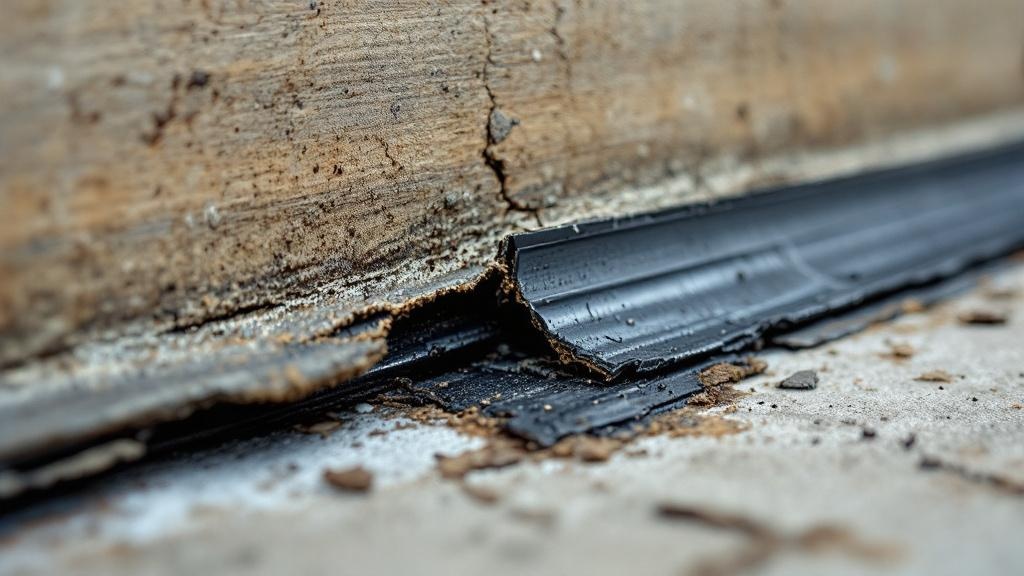 Damaged worn garage door seal showing cracks and gaps