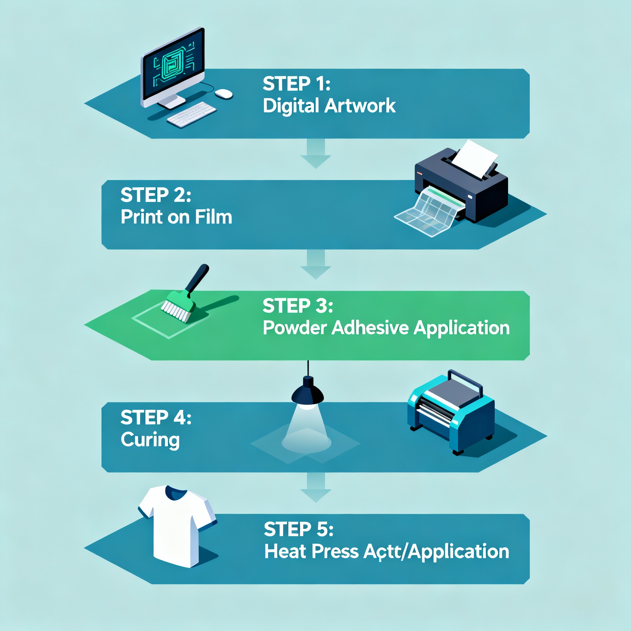 Isometric infographic style diagram showing the DTF workflow: digital artwork, print on film, powder adhesive application,...