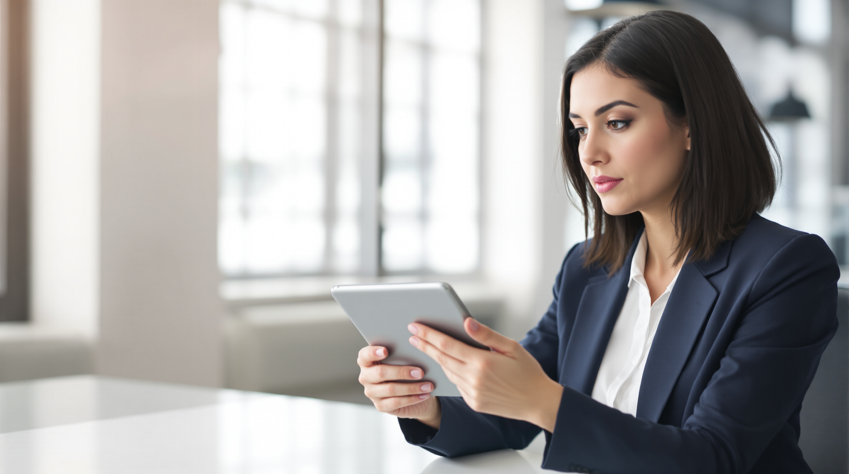 A businesswoman in a navy blazer analyzing performance metrics on a digital tablet in a bright, minimalist office with a focused expression.
