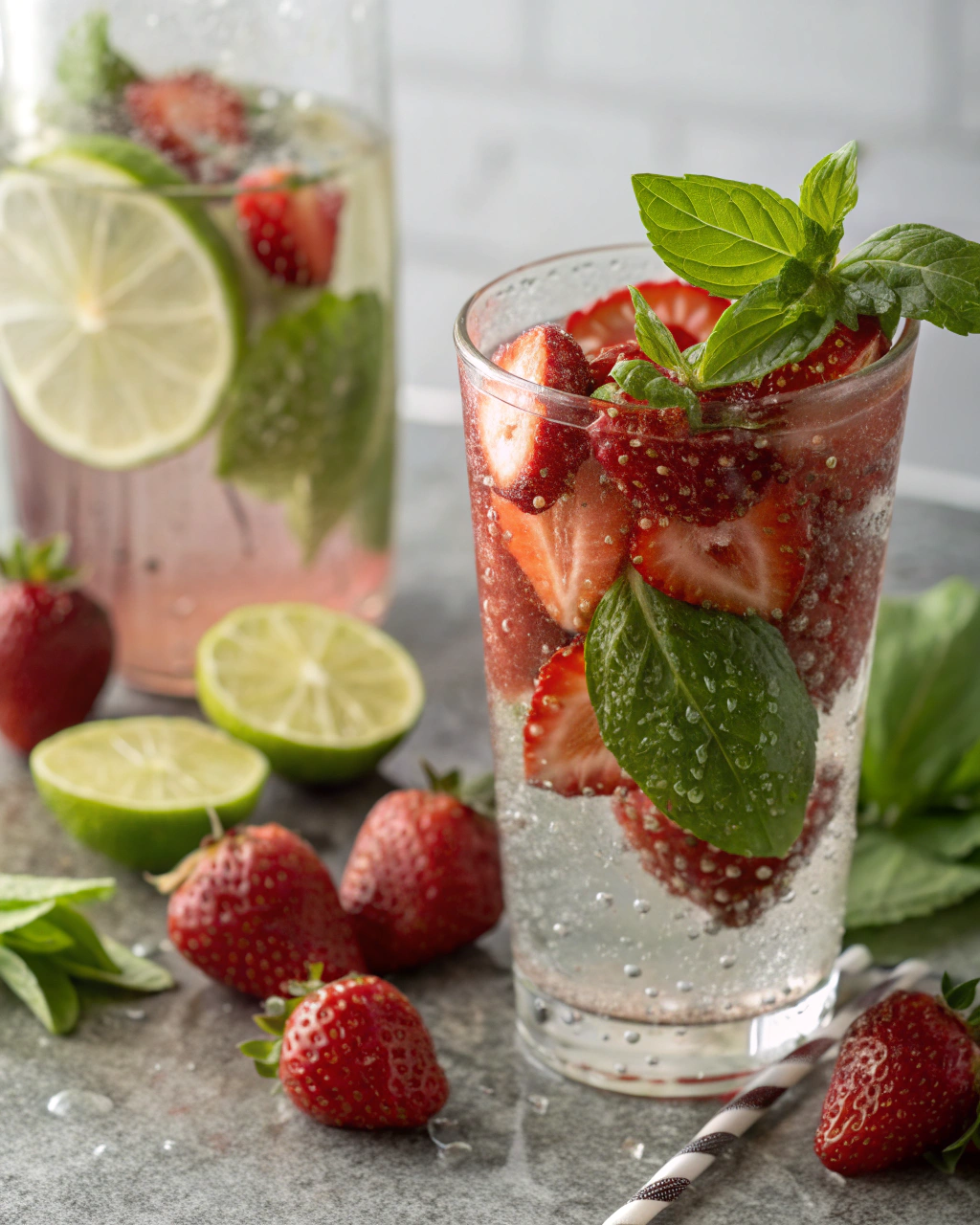Quick Strawberry Basil Mocktail Recipe (3-Minute Magic) 2 Strawberry Basil Mocktail ingredients laid out on clean white counter