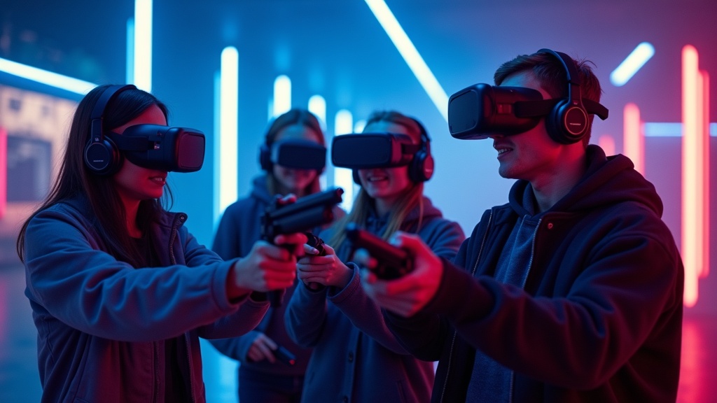 Jugadores inmersos en la acción del Laser Tag VR por equipos, apuntando con sus armas virtuales.