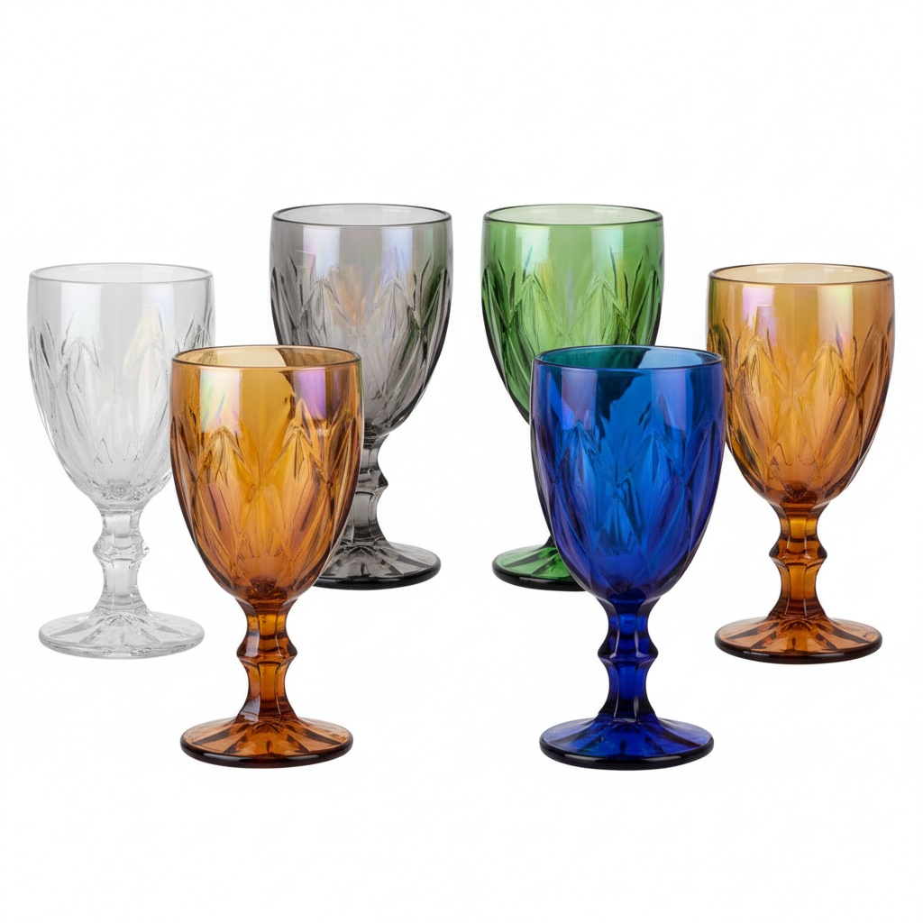 Jogo de 6 Taças de Vidro Diamond Transparente Ambar Furta Cor Verde Azul Fume Bico De Jaca 330ml