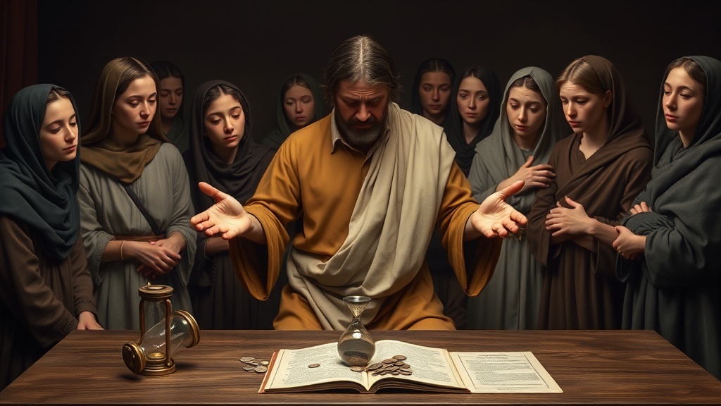 A solemn, allegorical religious tableau rendered in the style of a Renaissance painting showing a contrite steward and a small group of youths conveying hurt and cautious hope.