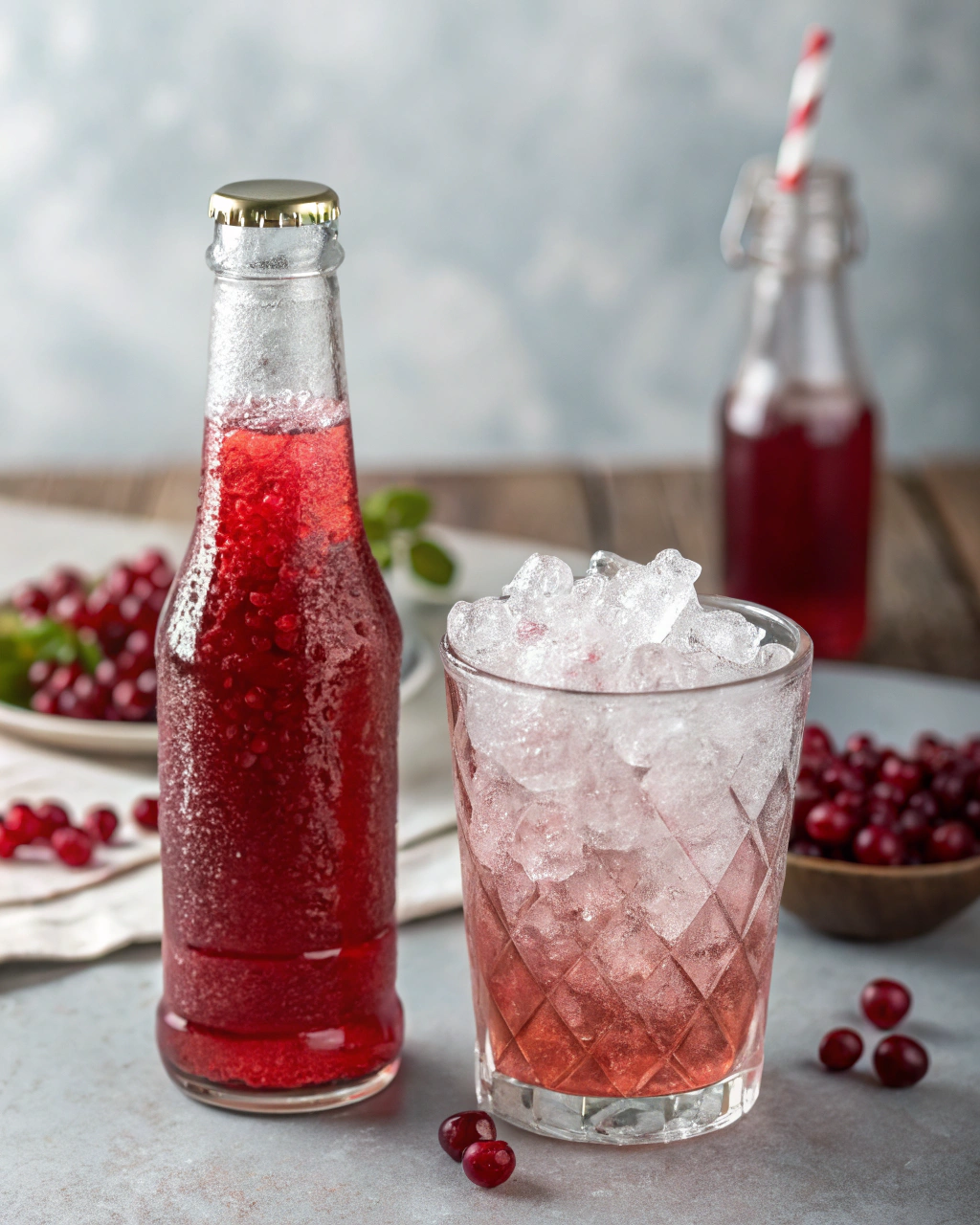 Cranberry Mocktail With 3 Ingredients ingredients laid out on clean white counter
