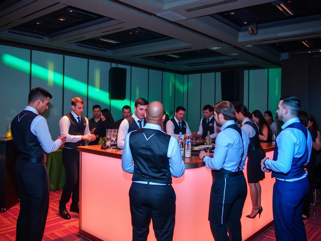 Professional temporary event crew setting up corporate event in Orpington venue with stewards, bar staff and front of house team