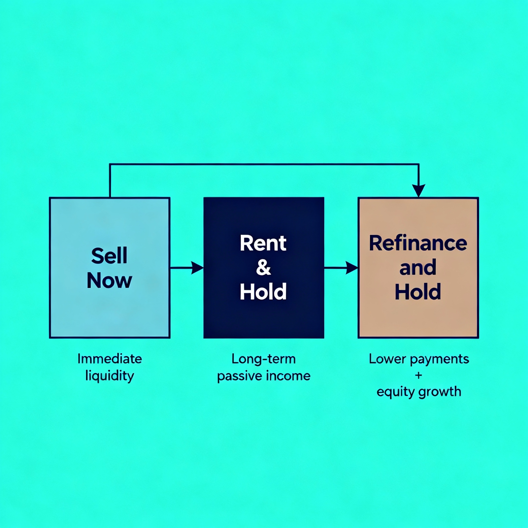Minimalist infographic style diagram showing three decision paths: Sell Now, Rent & Hold, or Refinance and Hold. Modern fl...