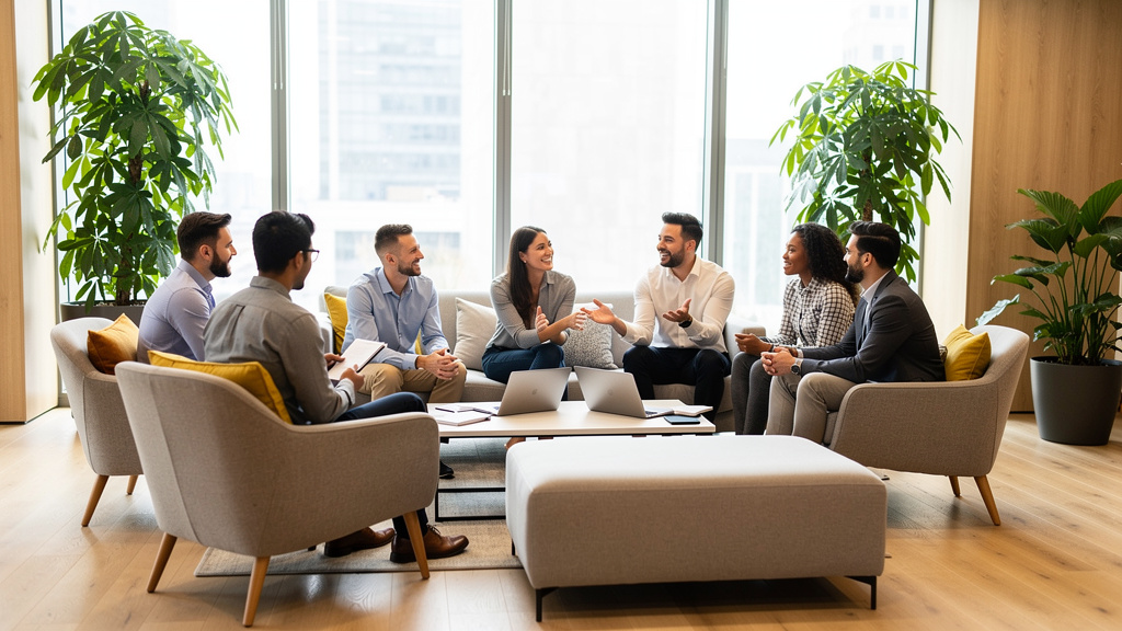 Employees engaged in collaborative discussion breaking down silos