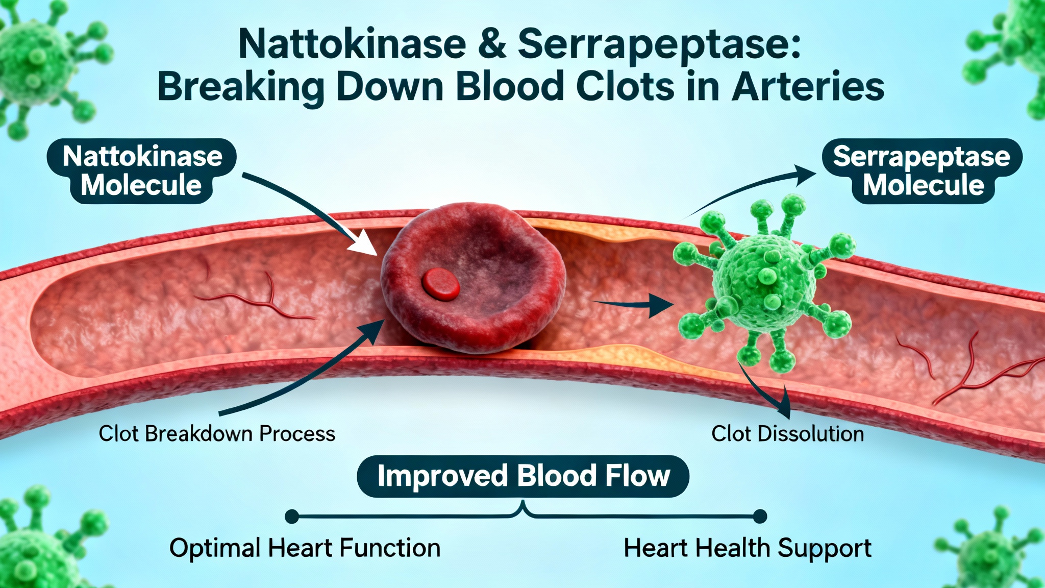 Diagram showing how nattokinase and serrapeptase break down blood clots in arteries, supporting heart health and optimal heart function.