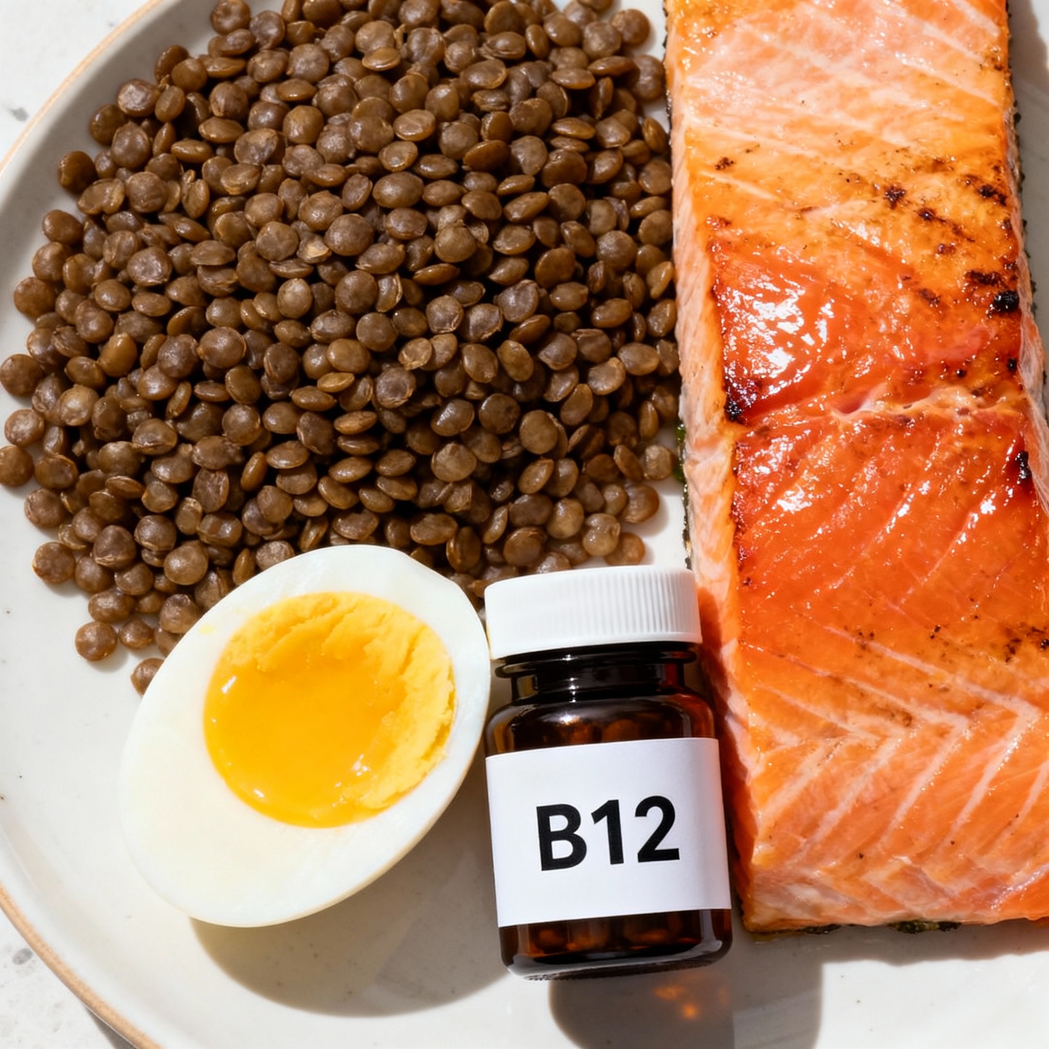 Photorealistic close-up of a balanced plate with iron-rich lentils, salmon, a boiled egg, and a small supplement bottle la...