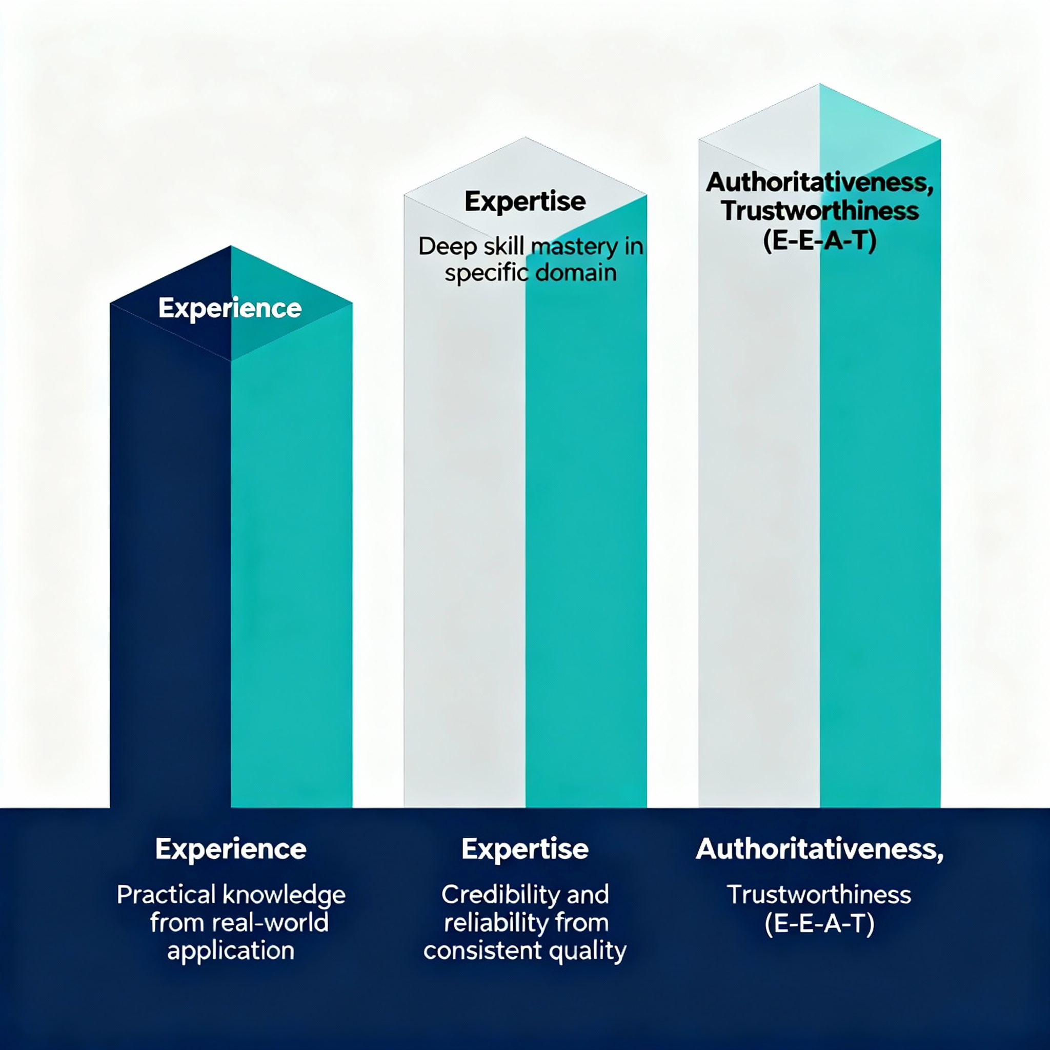 Modern infographic style diagram showing three pillars labeled Experience, Expertise, Authoritativeness, Trustworthiness (...