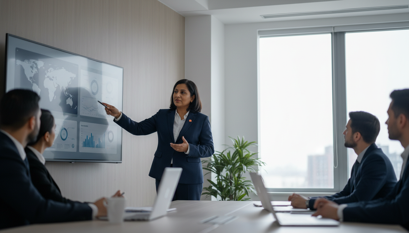 Senior marketing leader presenting strategic dashboards and a global map on a large screen in a bright, modern boardroom while executives listen attentively, photographed with soft natural light and a low-angle wide shot. The composition uses neutral tones with subtle orange accent and shallow depth of field to keep focus on the presenter.