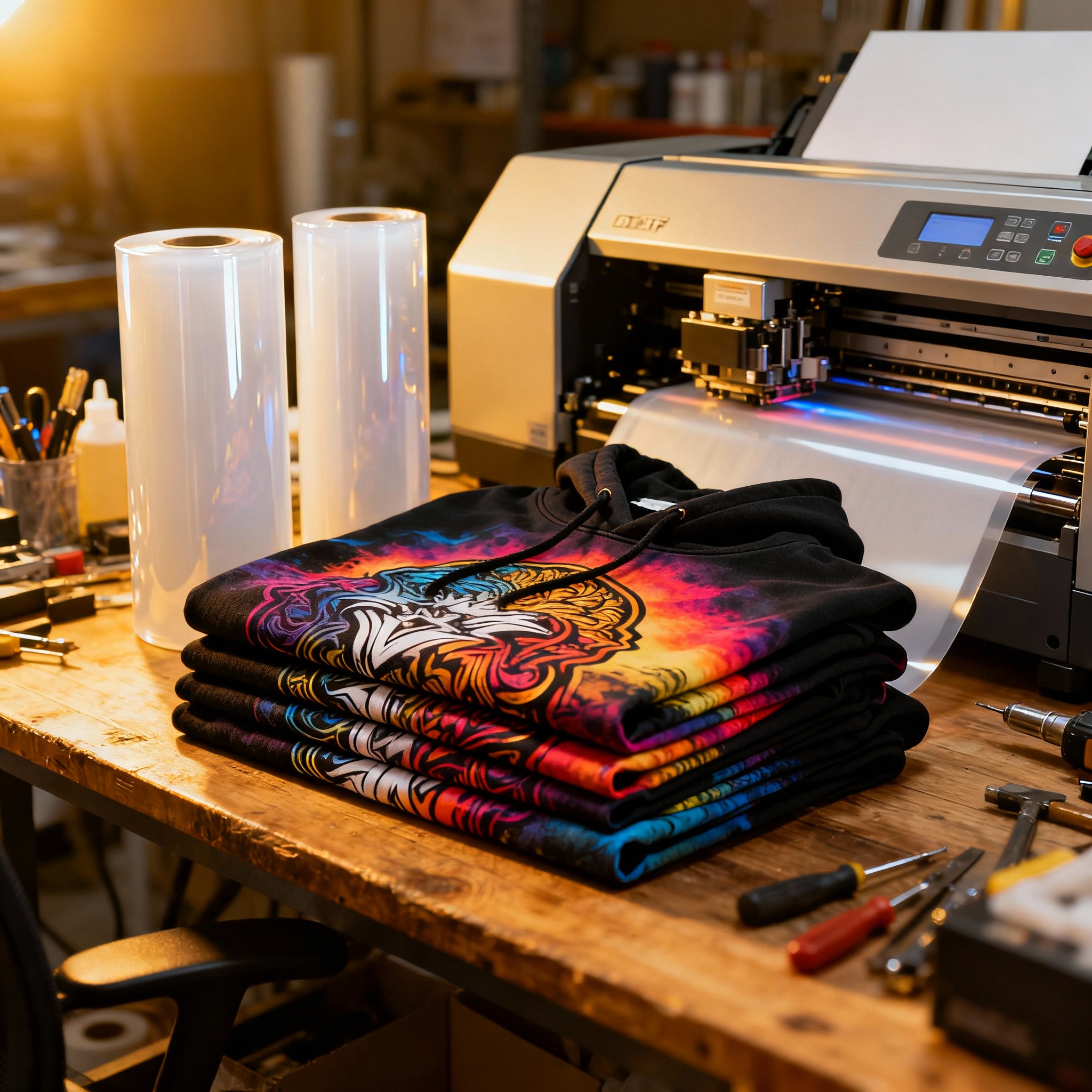 Photorealistic workshop scene showing a stack of folded hoodies with vibrant DTF prints, rolls of DTF film beside a deskto...