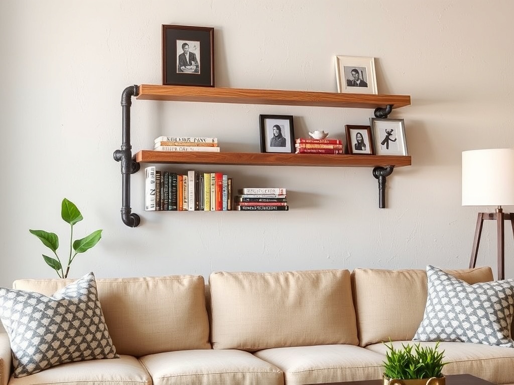 15. Add a Rustic Pipe and Wood Wall Shelf