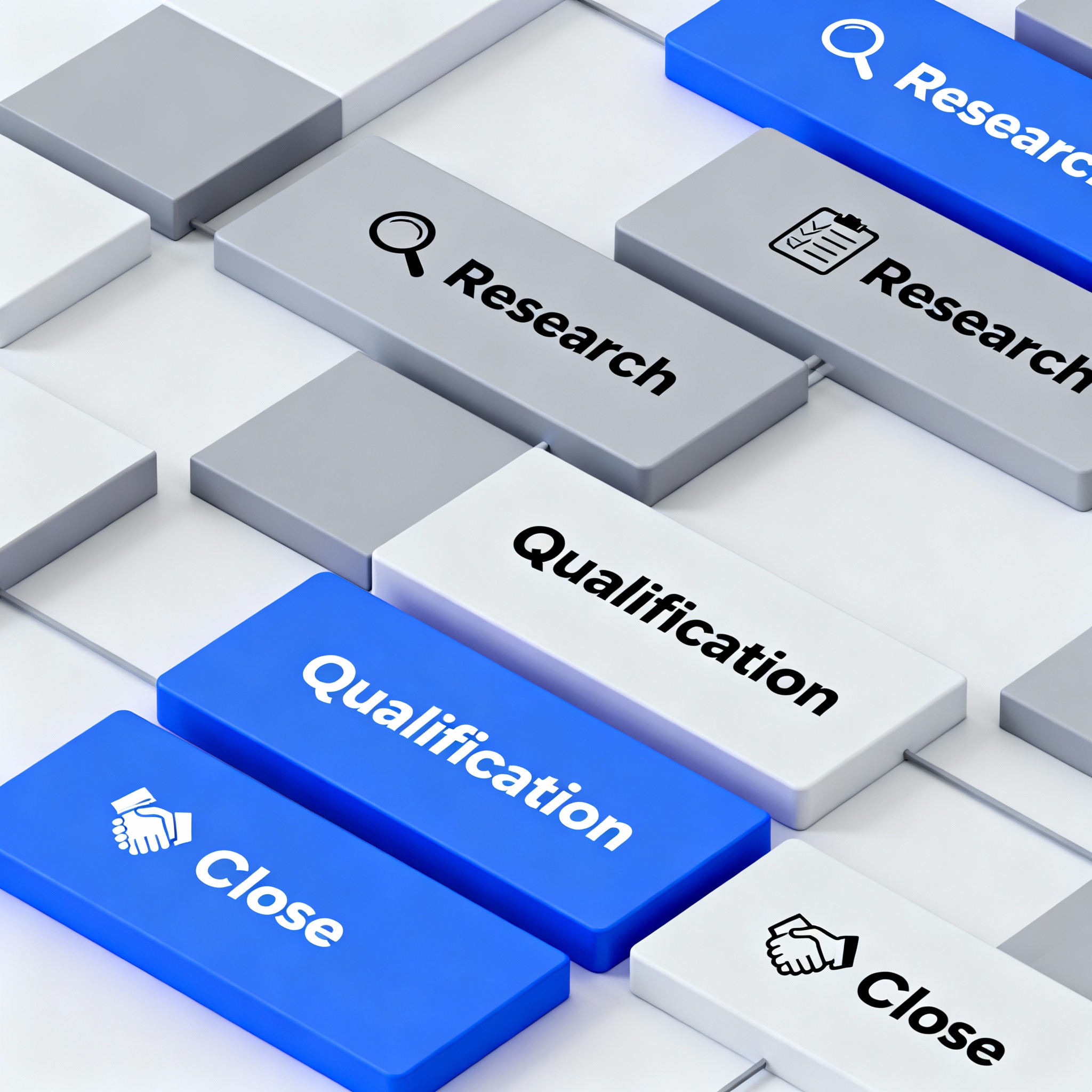 Clean process diagram, isometric 3D style, showing steps from Research to Qualification to Close. Professional and modern,...