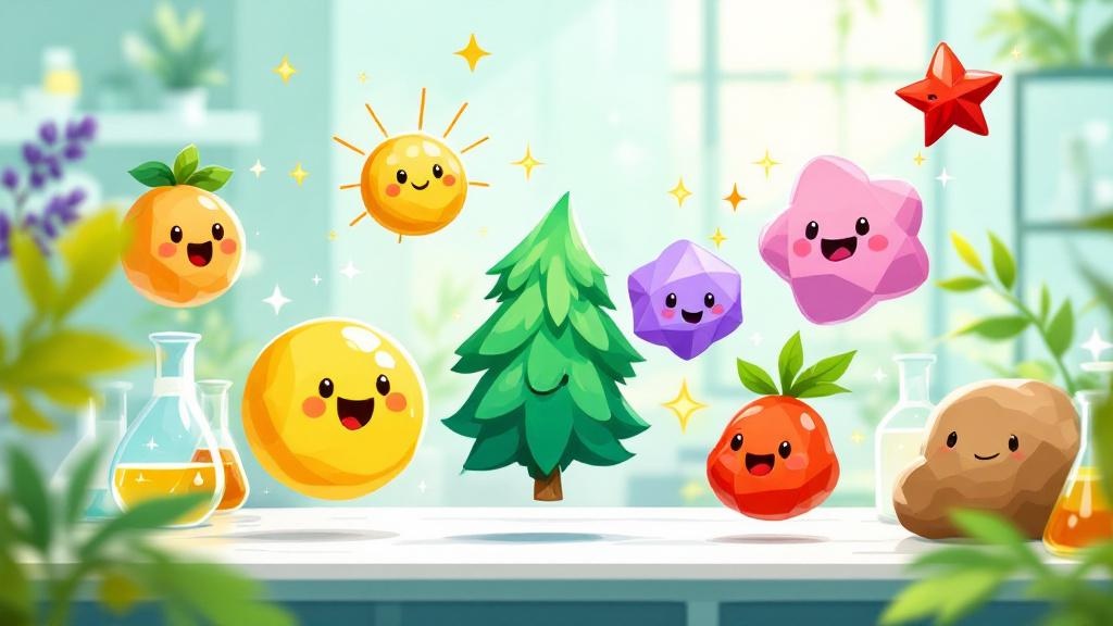 Colorful terpene molecules illustrated as friendly cartoon characters