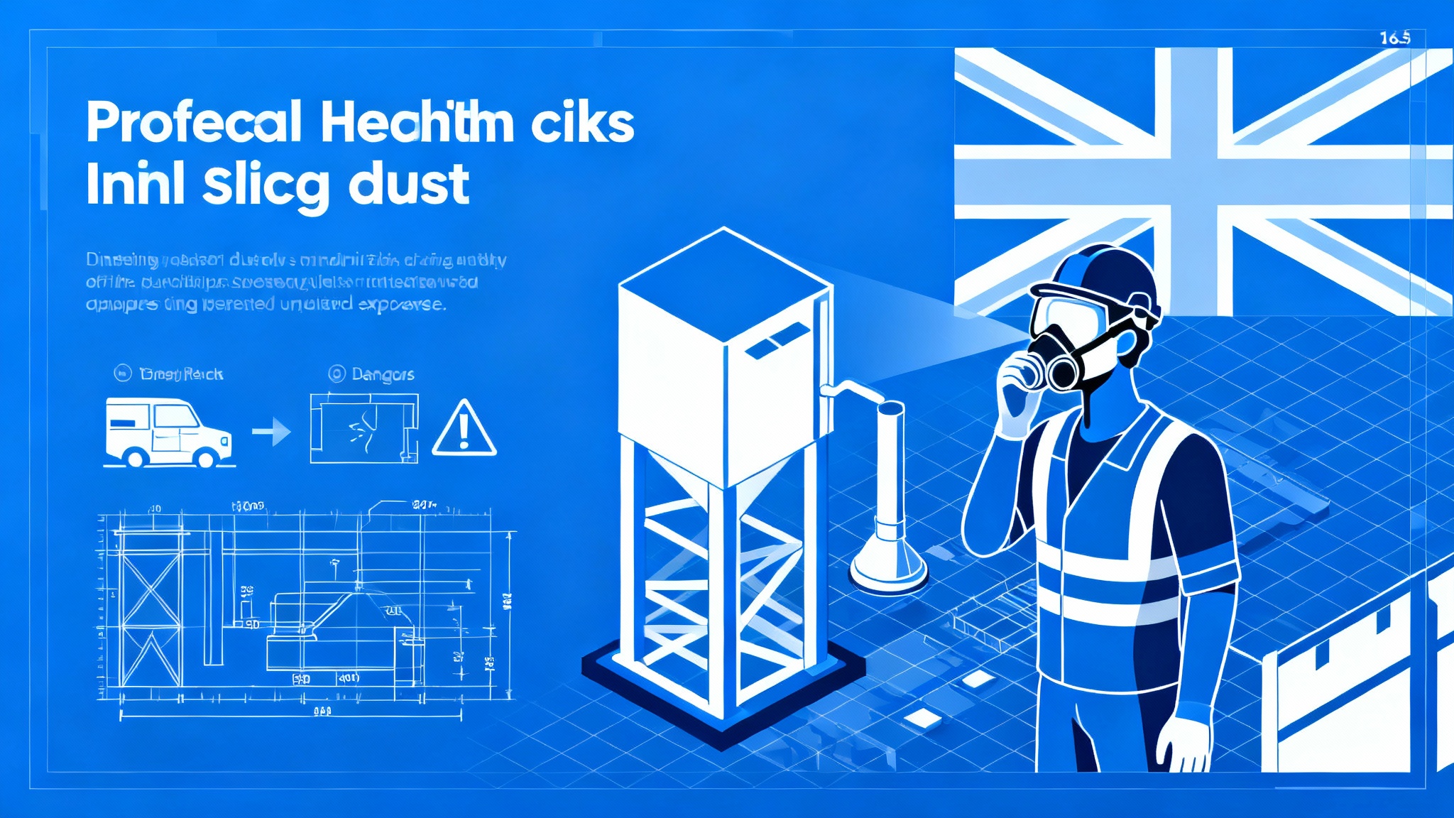 An industrial worker facing health risks from inhaling silica dust on a UK construction site, highlighting the dangers of unprotected exposure