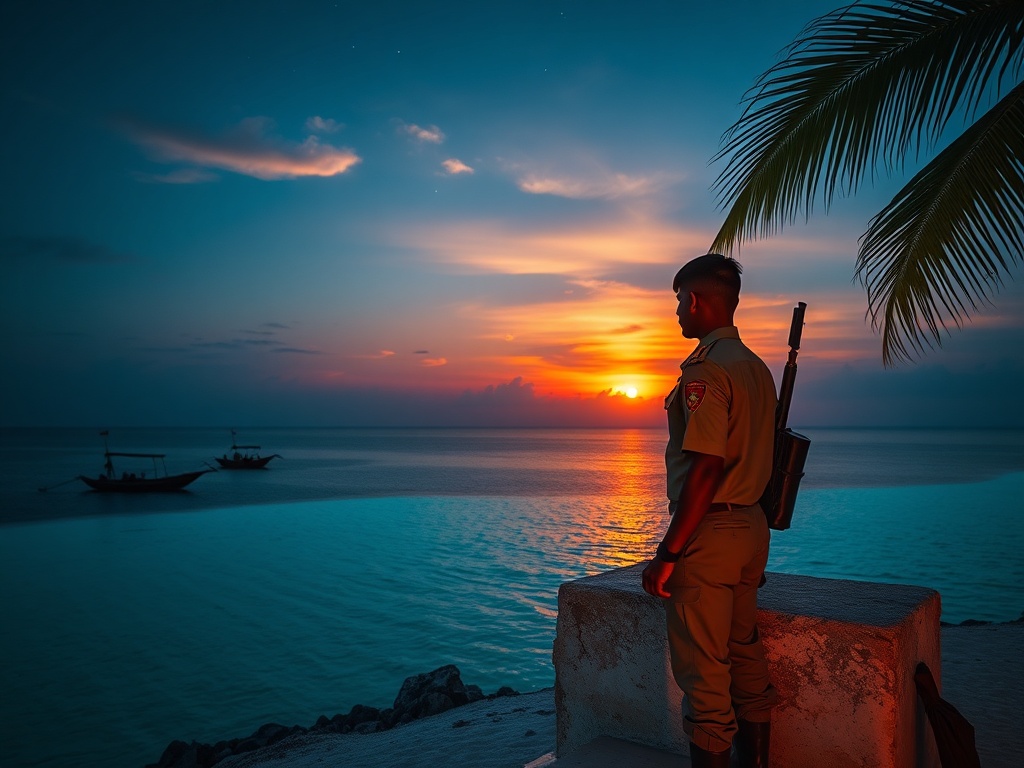One Soldier Watching the Horizon at Dusk