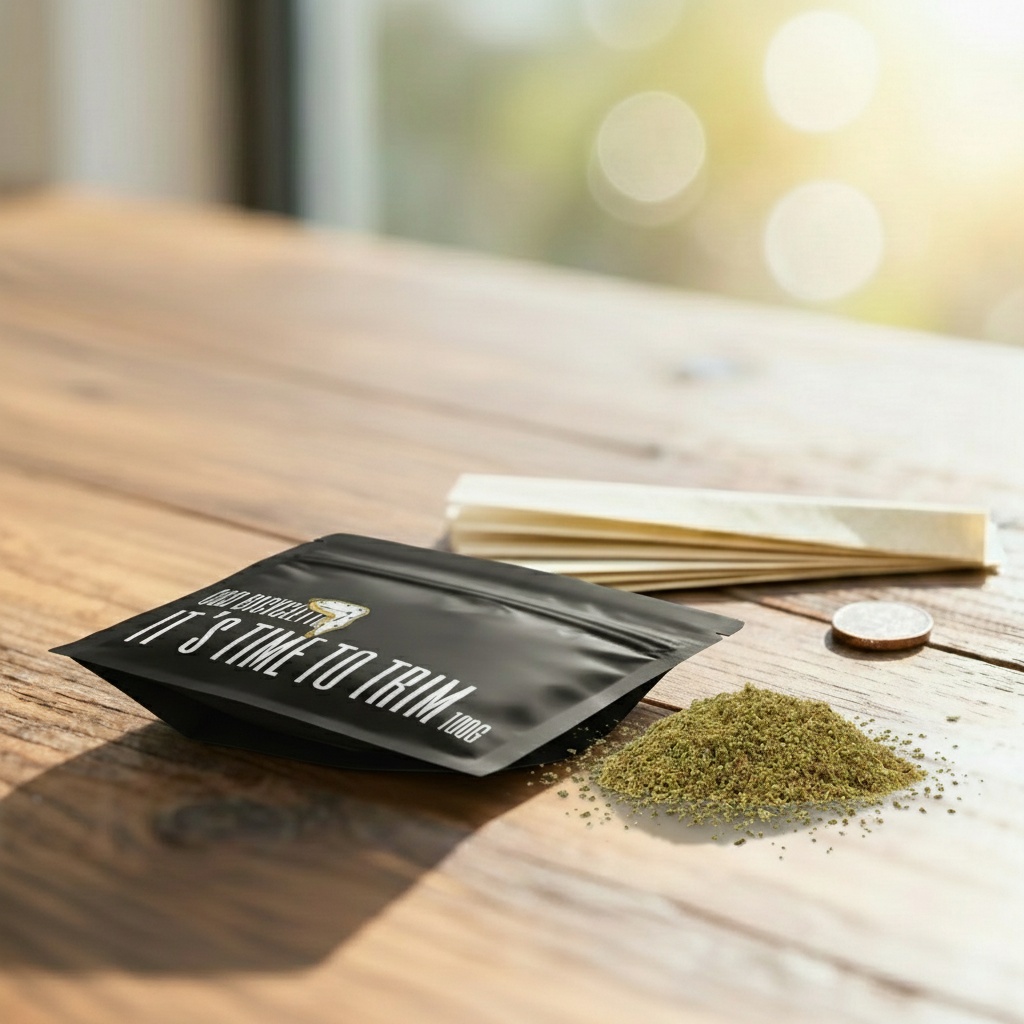 Pochette allongée et tas de trim naturel sur une table en bois, éclairage naturel.