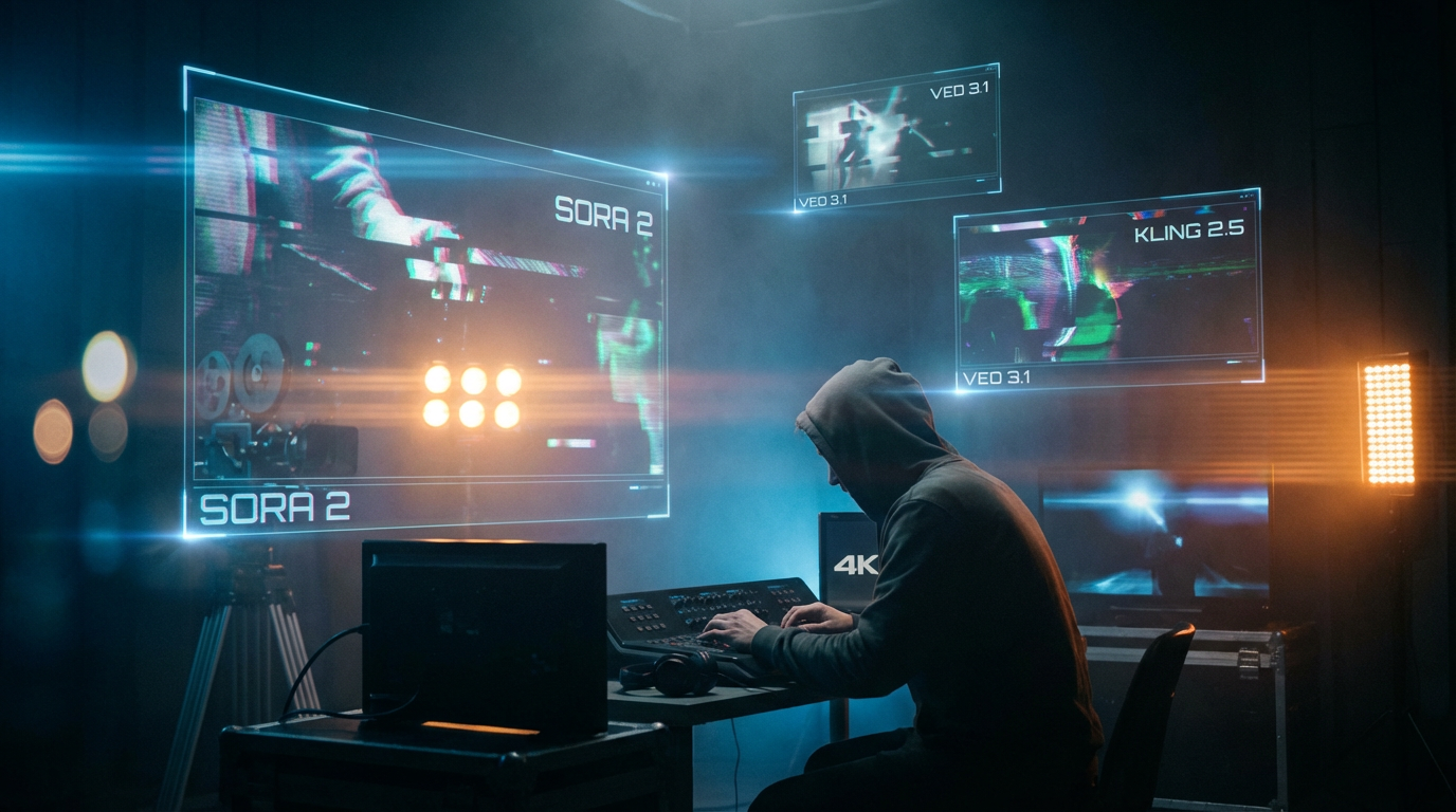 Director controlling AI-generated cinematic shots on multiple holographic screens