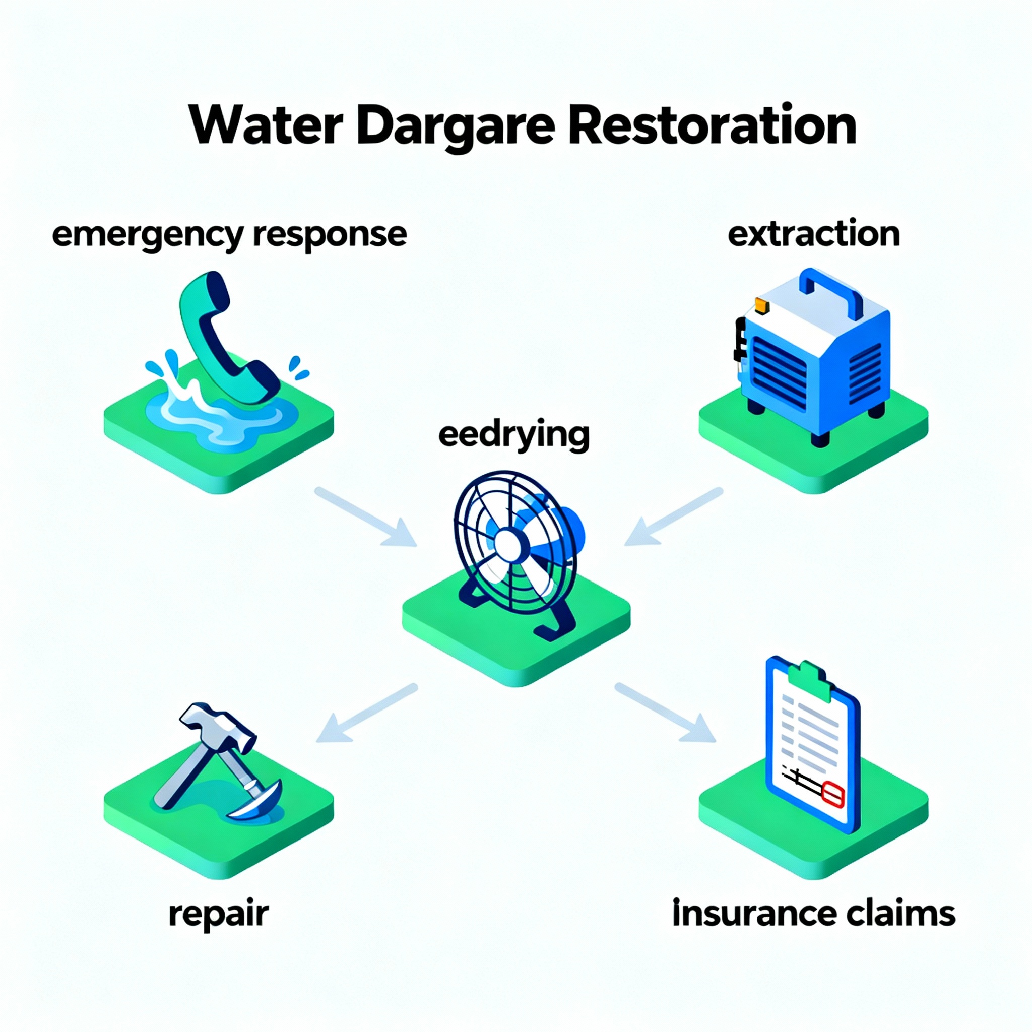 Isometric infographic style illustration showing step-by-step water damage restoration process, labeled steps: emergency r...