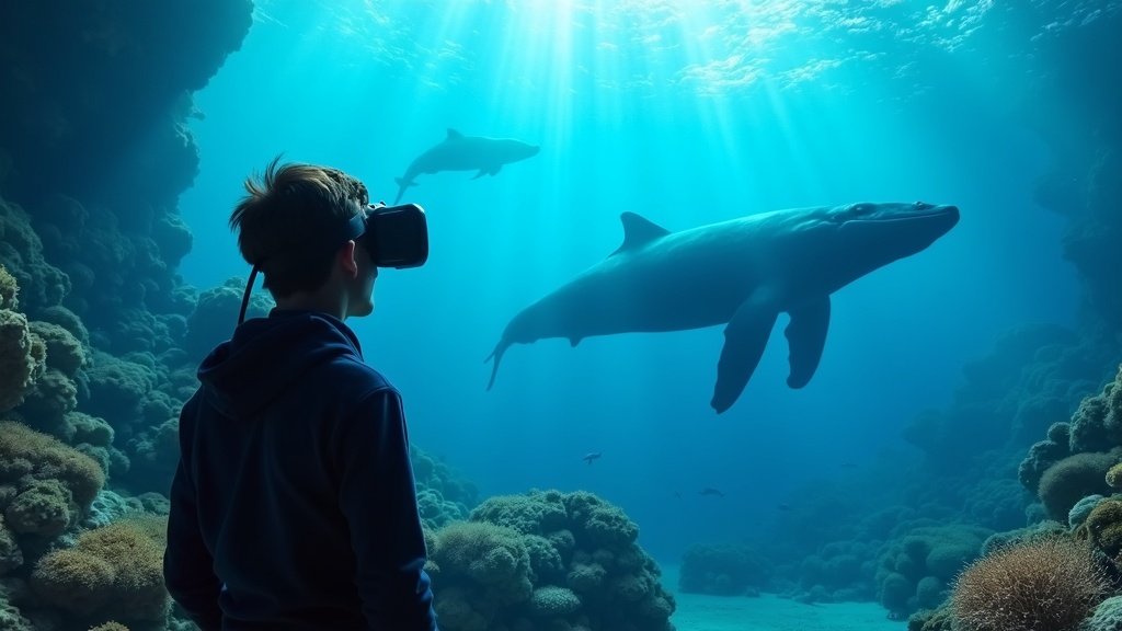 Una ballena gigante se acerca al explorador en la experiencia submarina de realidad virtual The Blu en Virtua Barcelona.