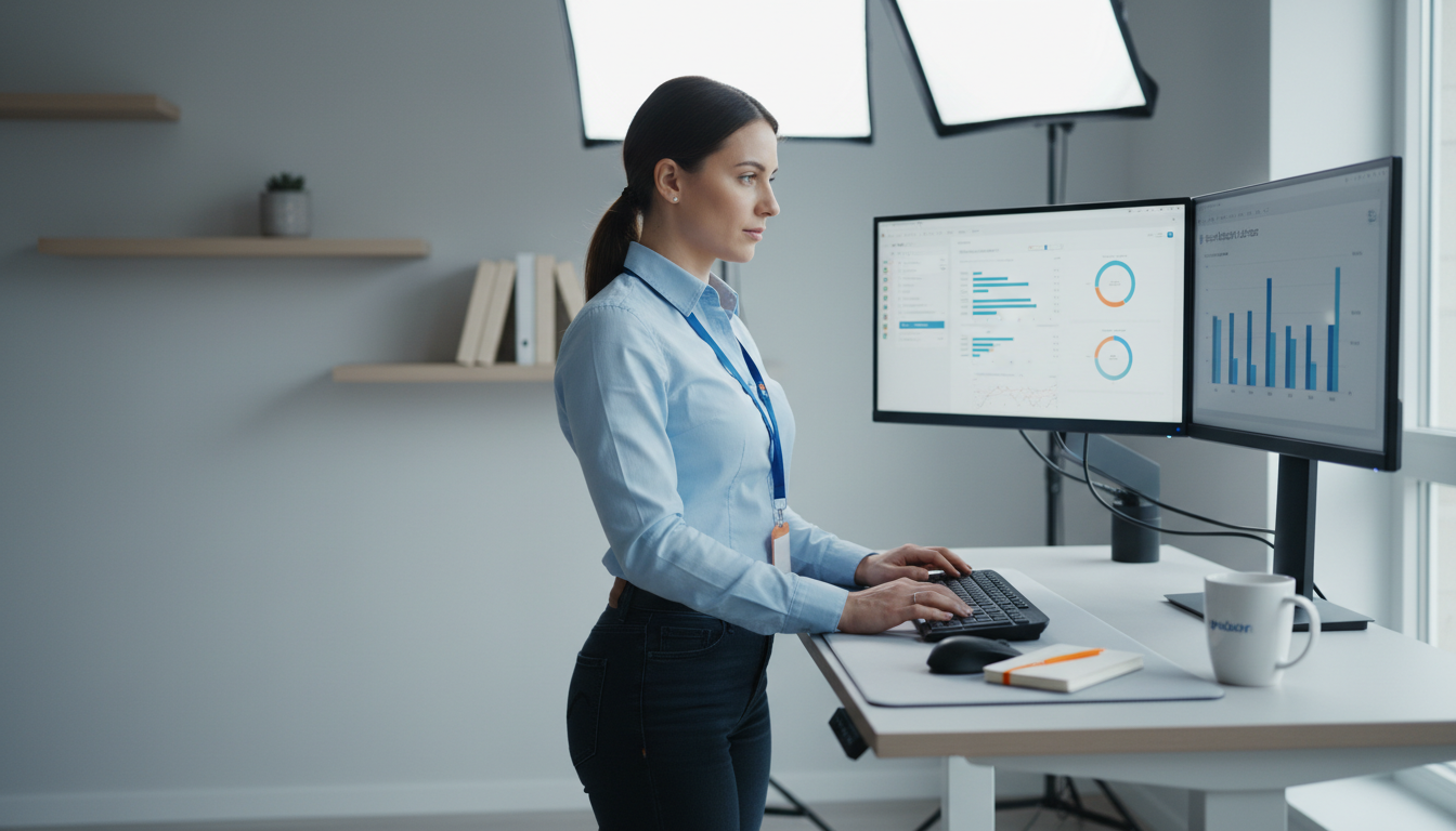Focused marketing operations specialist at a standing desk reviewing budget and performance dashboards on dual monitors in a minimal, softly lit home office environment.