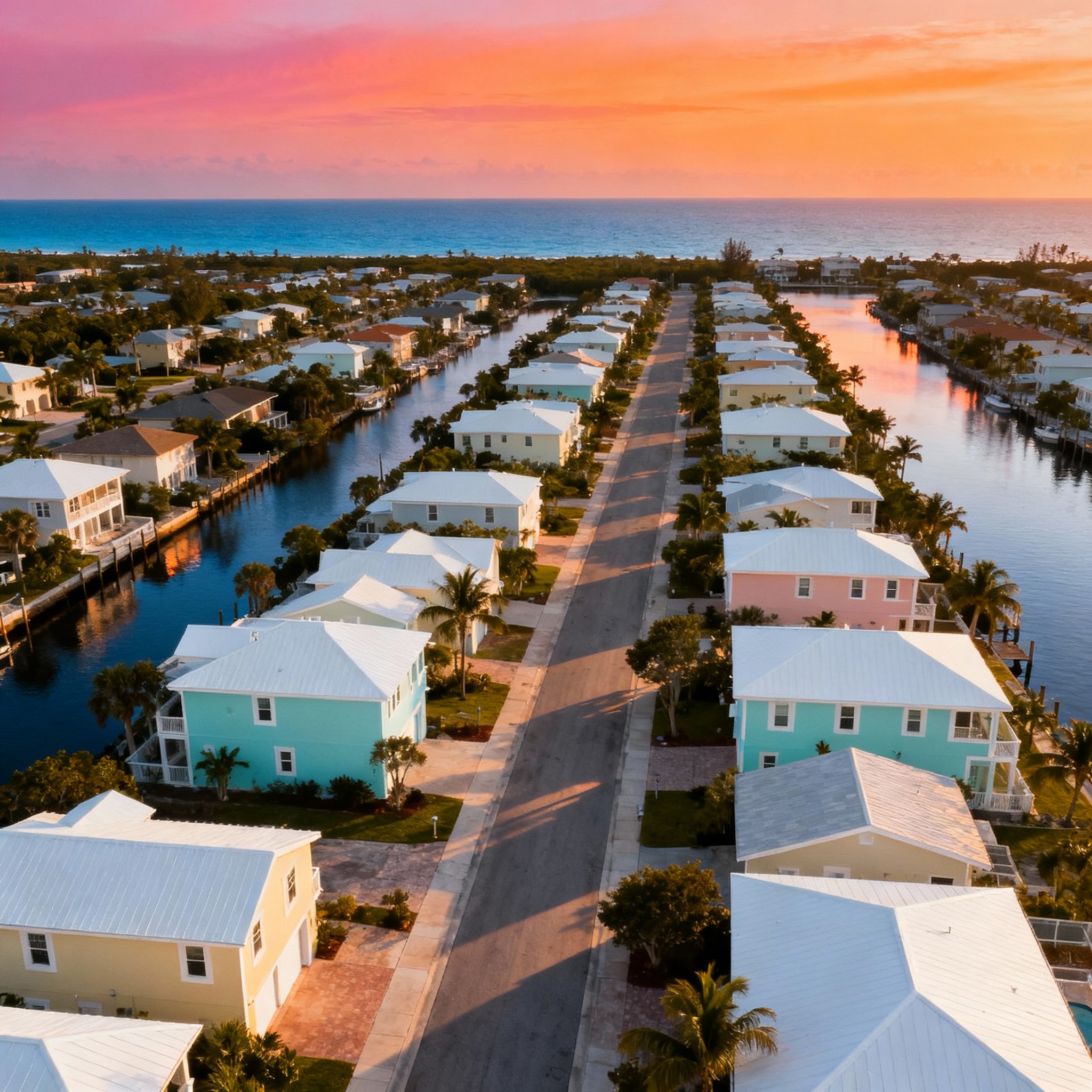 Clean, minimalist closing image of a coastal South Florida neighborhood at golden hour, aerial wide-angle shot, warm sunse...