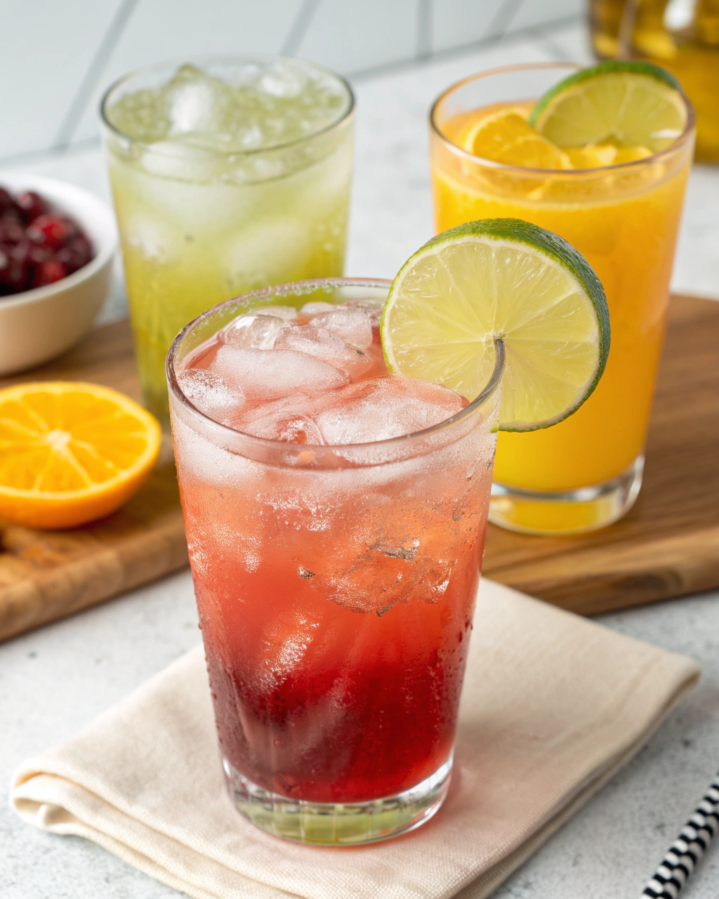 Virgin Cosmopolitan Mocktail: A 3-Minute Magic Recipe 2 Virgin Cosmopolitan Mocktail ingredients laid out on clean white counter