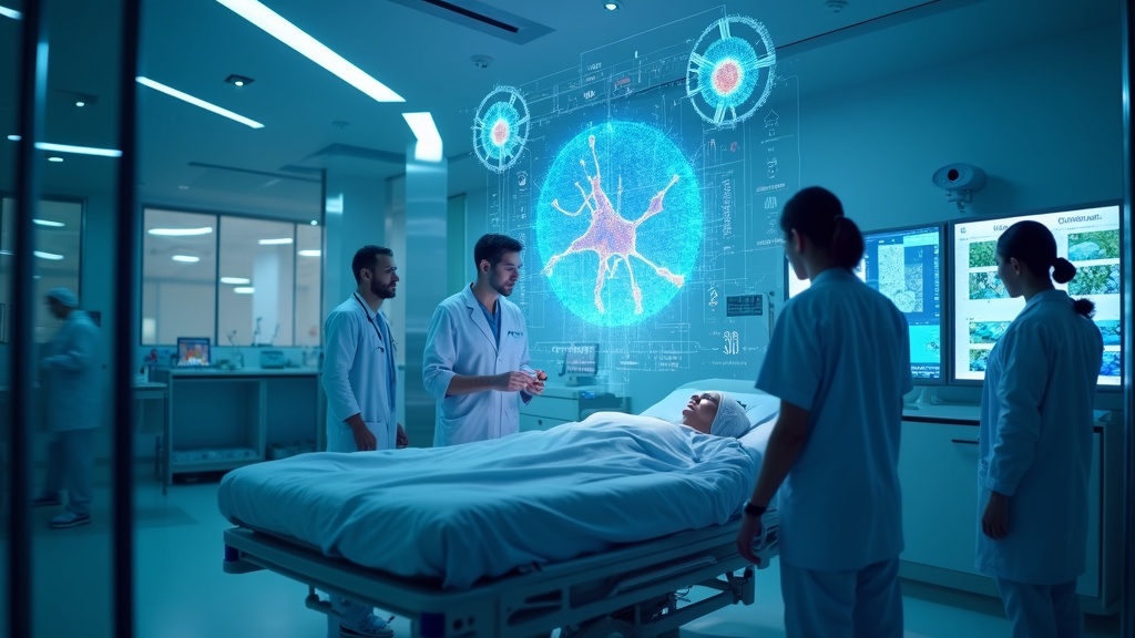 IA en farmacia hospitalaria innovación: concepto visual de un farmacéutico interactuando con una interfaz de IA para gestionar medicamentos.
