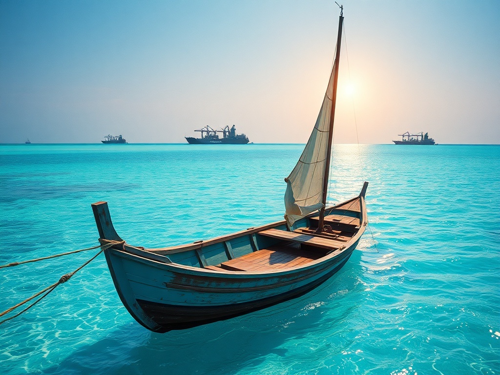 A Maldivian Dhoni Sails Past the World's Container Ships