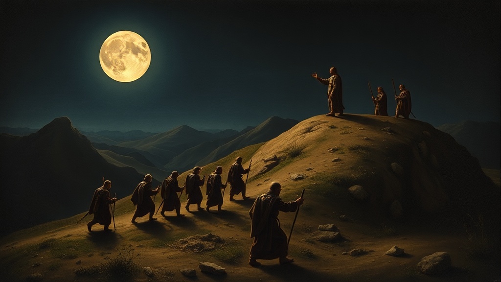A solemn, allegorical religious scene in the style of Leonardo da Vinci, portraying a metaphorical night assault and a disciplined, strategic withdrawal as a Bible-inspired lesson. Place a small, non-identifiable group of weary but composed figures moving in orderly formation across a moonlit, undulating pass while a compact rear-guard stands resolutely on a low ridge to hold the line and protect the others. Compose the scene with balanced, geometric proportions and a triangular focal arrangement: the retreating column leads the eye toward a central, calm figure who gestures a steadying signal — not as a portrait of any specific person, but as a universal embodiment of wisdom and faith. Use sfumato for soft, hazy outlines that blend human forms into the atmosphere; employ subtle chiaroscuro with soft, diffuse moonlight and warm, low firelight from a few controlled lanterns to create dramatic light and shadow without harsh contrast. Render anatomically precise, realistic human figures with neutral, indeterminate facial features and varied, non-specific skin tones so no nationality, ethnicity, or individual identity is implied; clothing should be timeless, non-military cloaks and wrapped garments with meticulous drapery detail, avoiding modern insignia, emblems, or recognizable uniforms. The background contains an intricate, classical architectural ruin and distant, rolling hills rendered with atmospheric perspective to suggest depth and history, while faint dawn light on the horizon symbolizes hope and future regrouping. Maintain a rich, earthy color palette — muted ochres, umbers, deep greens and warm browns — and include subtle, natural motifs (a distant, rising pale light, a thin line of smoke, folded banners without marks) as poetic metaphors rather than explicit symbols. Preserve a serene, contemplative mood that emphasizes restraint, discipline, and faith in providence; avoid graphic violence, blood, text, logos, symbols, flags, or any identifying marks. High level of realism combined with idealized beauty, meticulous attention to clothing and facial expression, and the gentle, smoky sfumato transitions characteristic of Leonardo da Vinci.