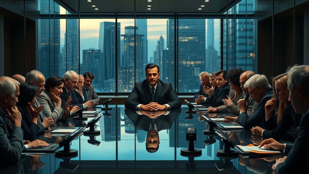 현대적 청문실 풍경 속 조용히 앉아 있는 법률 인물과 긴장된 주변 인물들