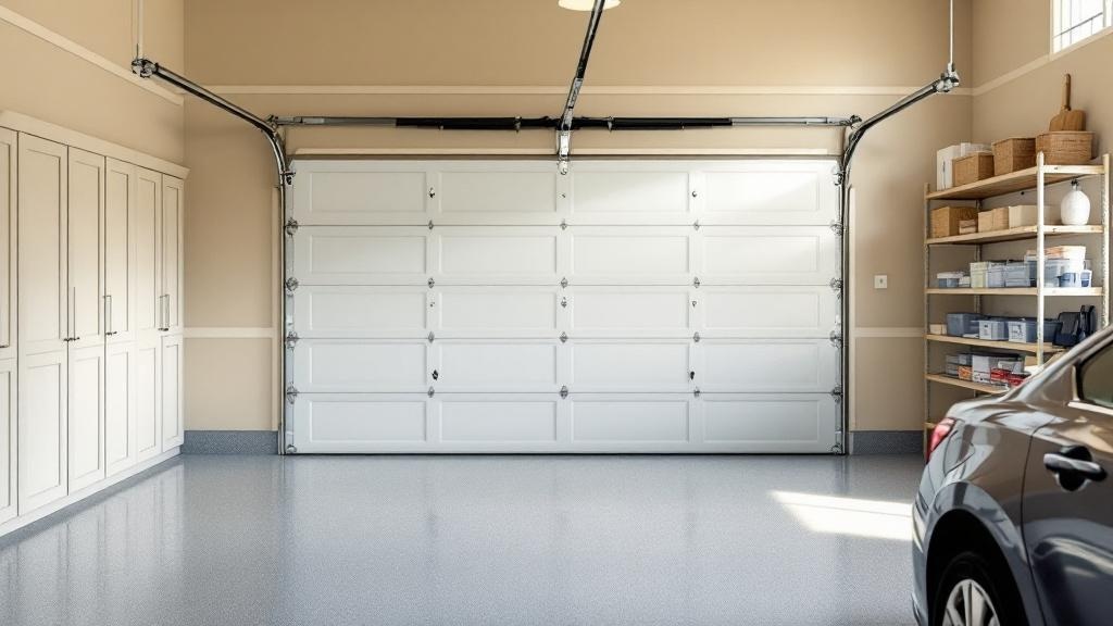 Clean organized garage with maintained sectional door