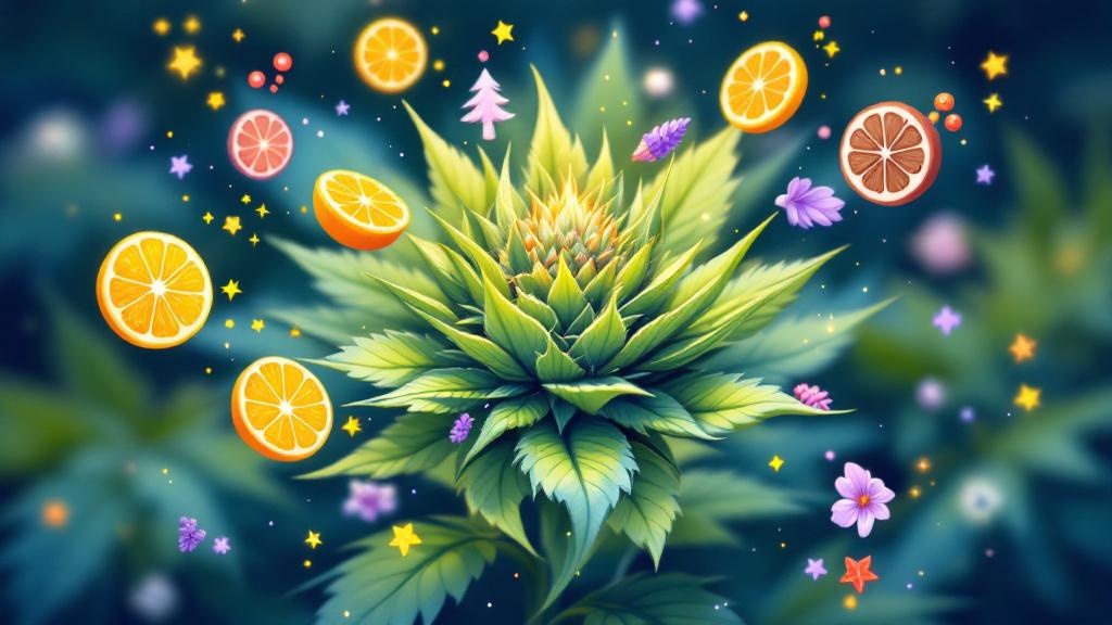 Cartoon terpenes and cannabinoids surrounding cannabis flower