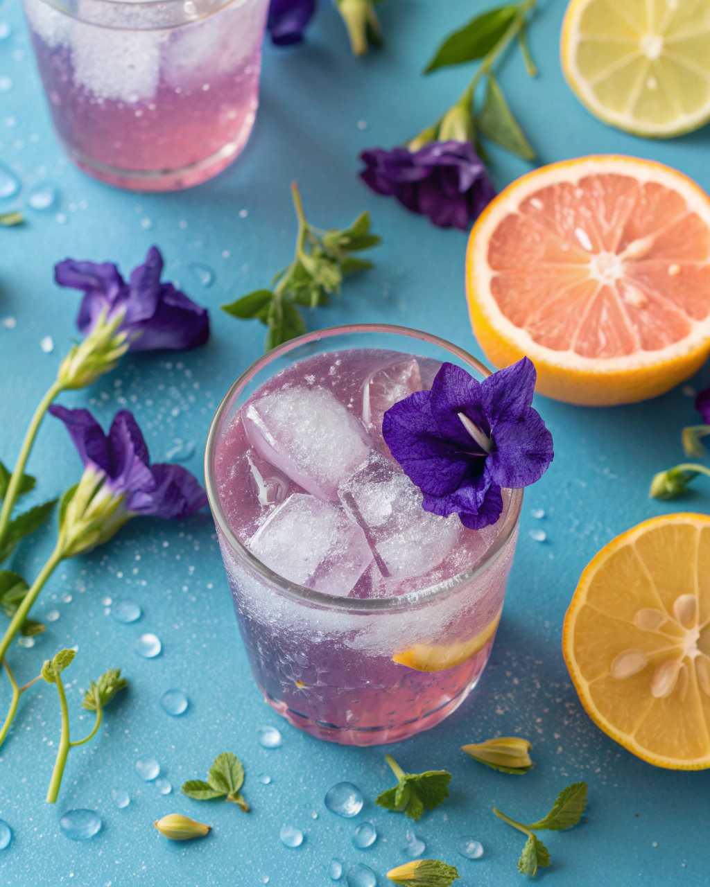 Citrus Magic Blue Mocktail ingredients laid out on clean white counter