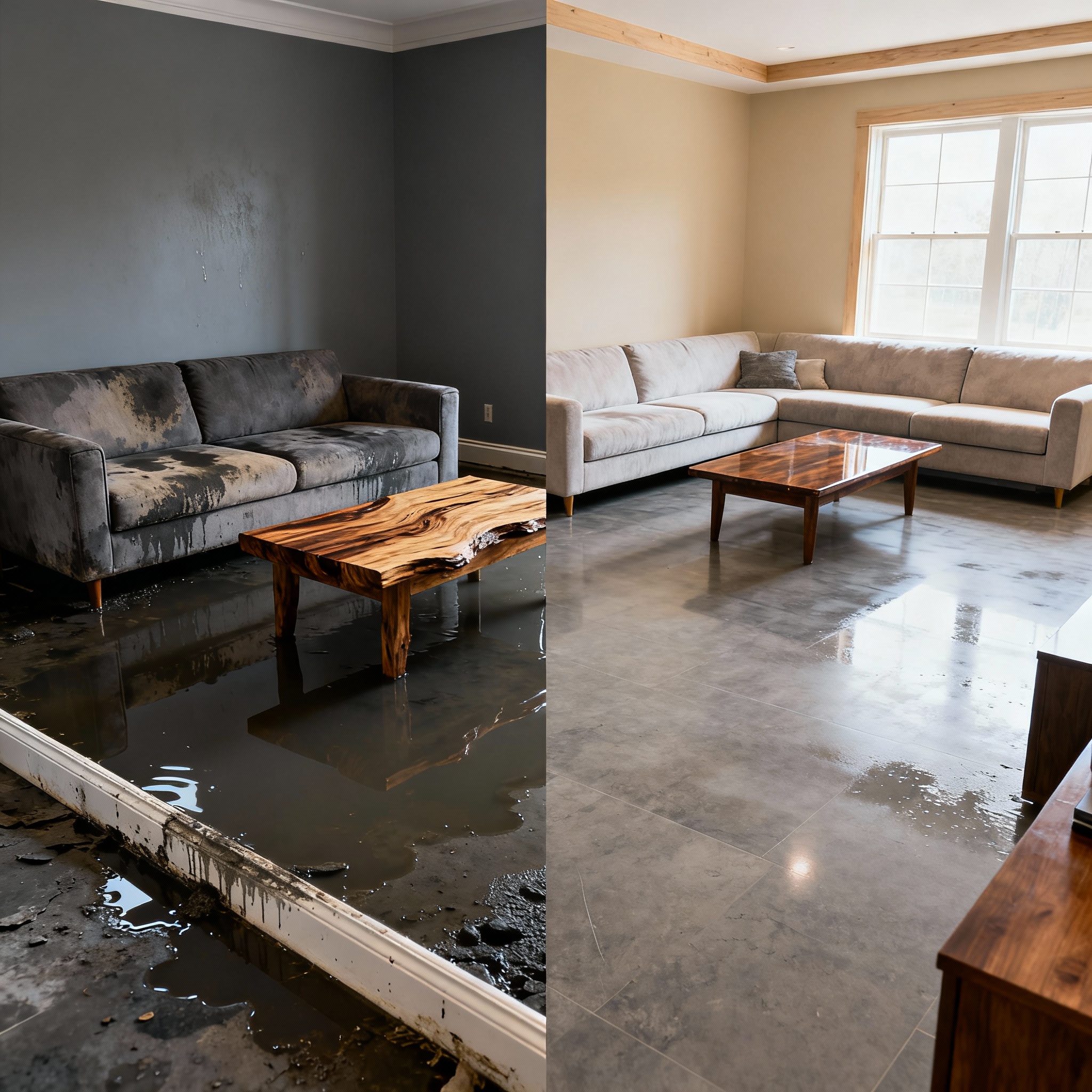 Photorealistic before-and-after split image of a Basalt living room, left side waterlogged with damaged furniture and stan...