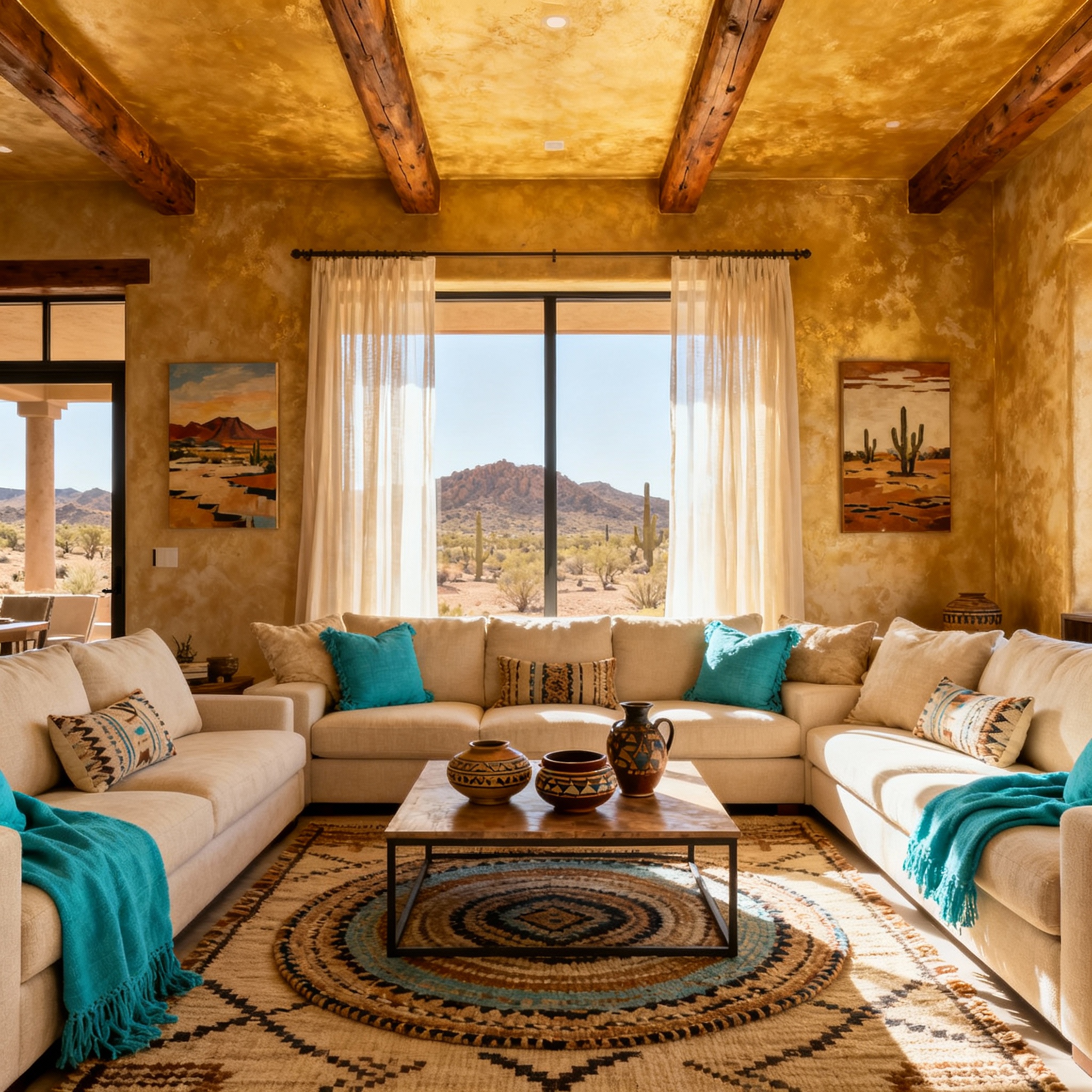 A cozy interior shot of a decorated rental living room in Fountain Hills, modern southwestern decor, warm lighting, comfor...