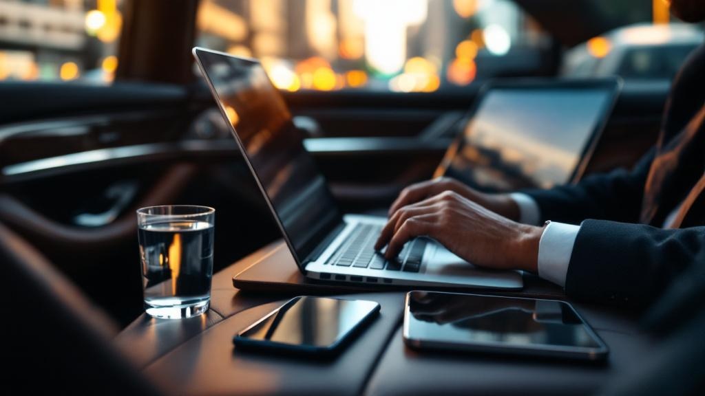 Business executive working productively in chauffeured luxury sedan